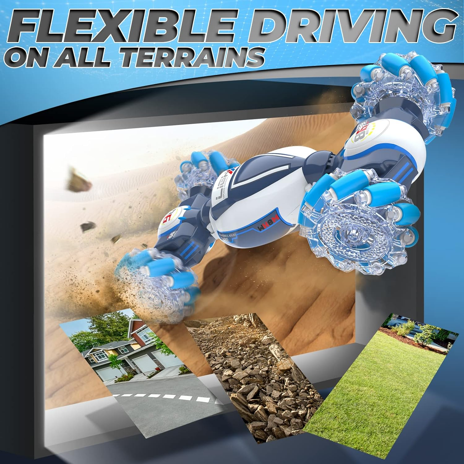 Dysaim Remote Control Car, Gesture Sensing RC Stunt Car Toys, 2.4Ghz 4WD RC Drift Car, Creative Gifts for Kids Boys Girls Ages 6+, Double Sided Rotating off Road Vehicle 360&deg; Flips with Lights Music - Blue White image number 6