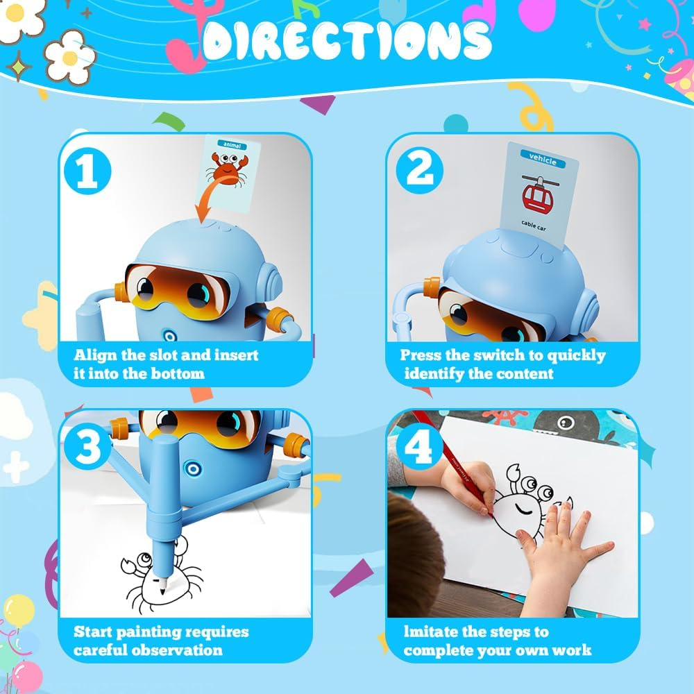 Drawing Robot for Kids,Interactive Educational Drawing Robot for Kids&ndash; Montessori Painting Learning Toys with 100 Word & 22 Pens, Interactive Voice Emo Robots for Boys & Girls Ages 3&ndash;9 (Blue) image number 5
