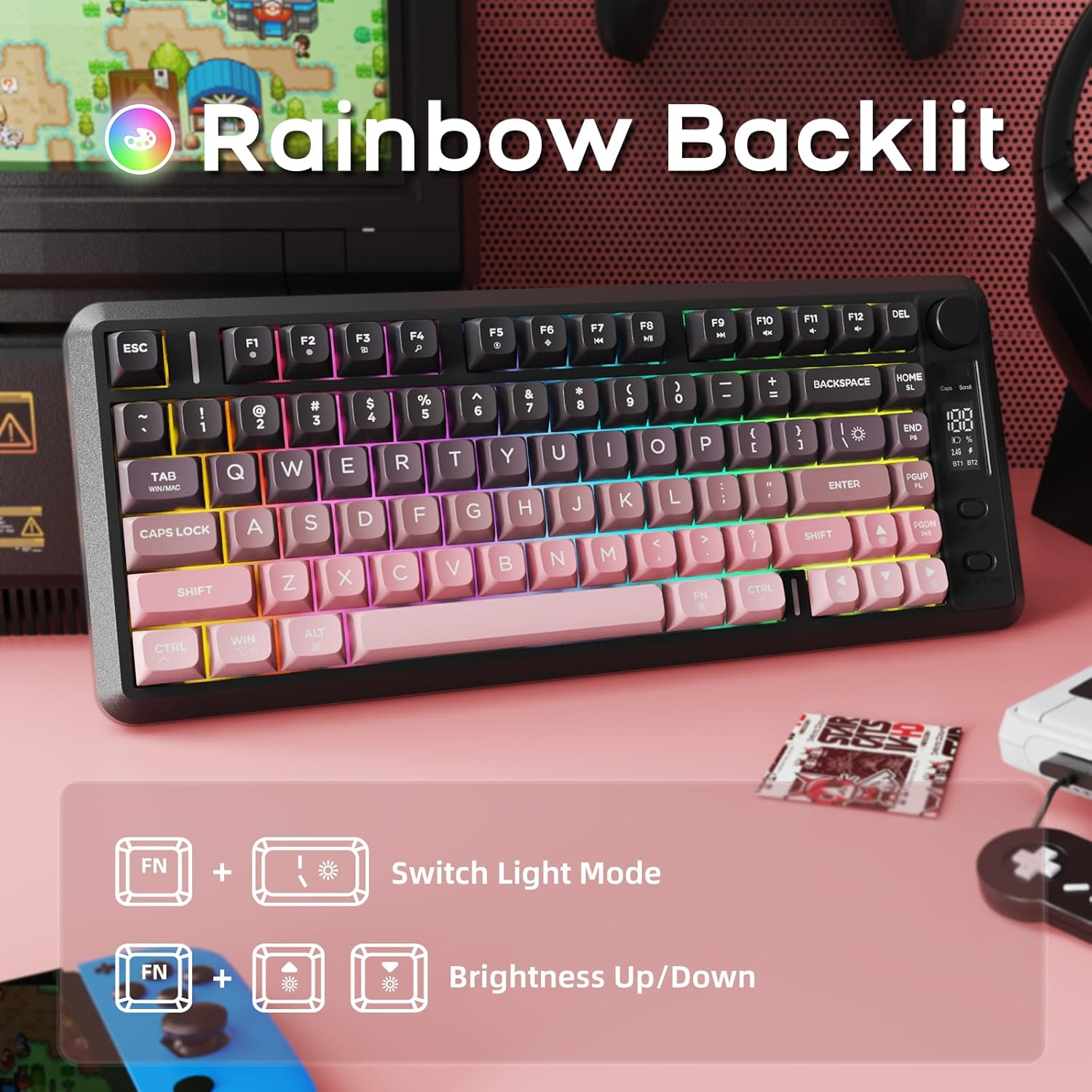 FREEWOLF X Attack Shark M75 Wireless Membrane Gaming Keyboard Mechanical Feel with Knob & OLED Display Bluetooth/2.4Ghz Rainbow Backlit Gradient PBT Keycaps 2000Mah Battery Anti-Ghosting-Pink image number 1