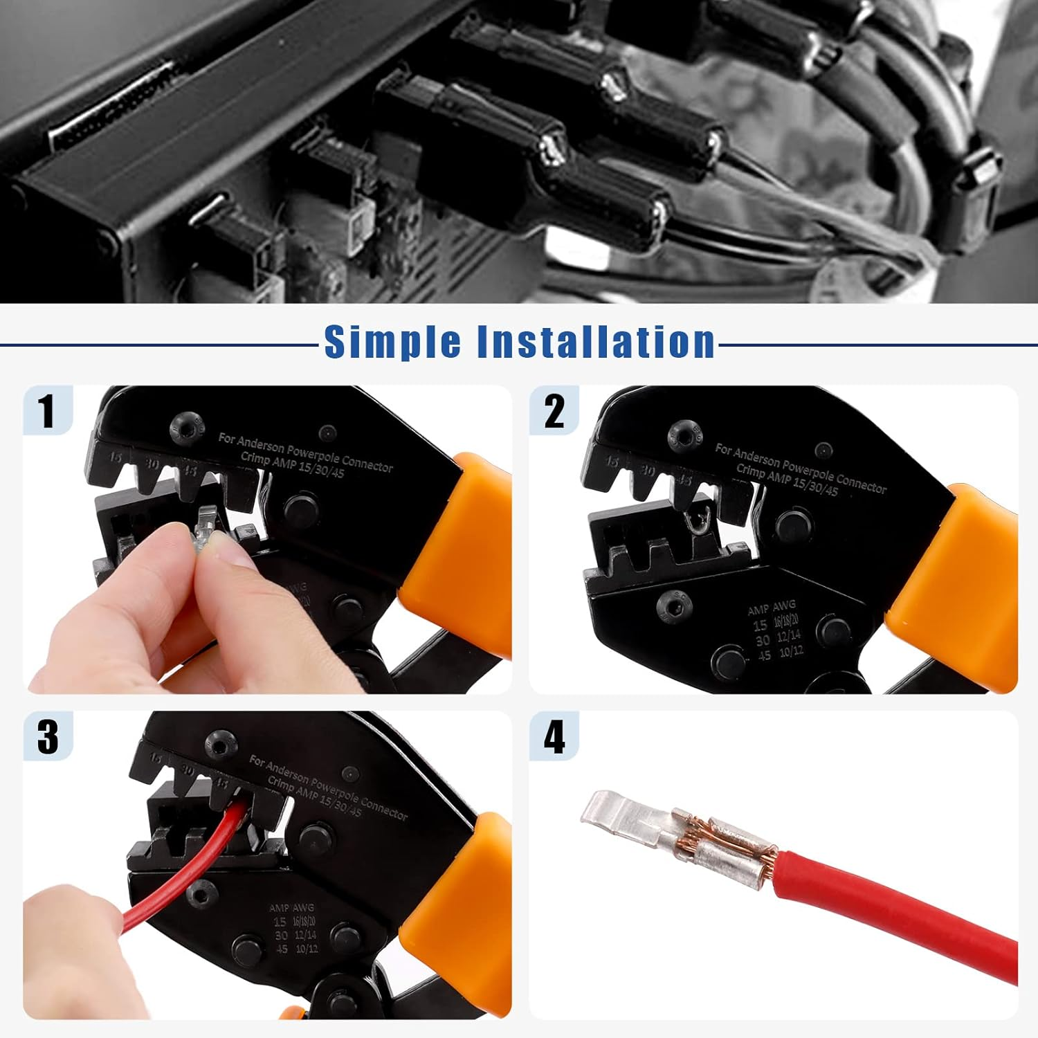 Glarks 31Pcs Power Connector Crimper Assortment Kit Set Including Ratcheting Wire Crimper with 15A 30A 45A Power Connectors and Cap Compatible with Anderson Connector