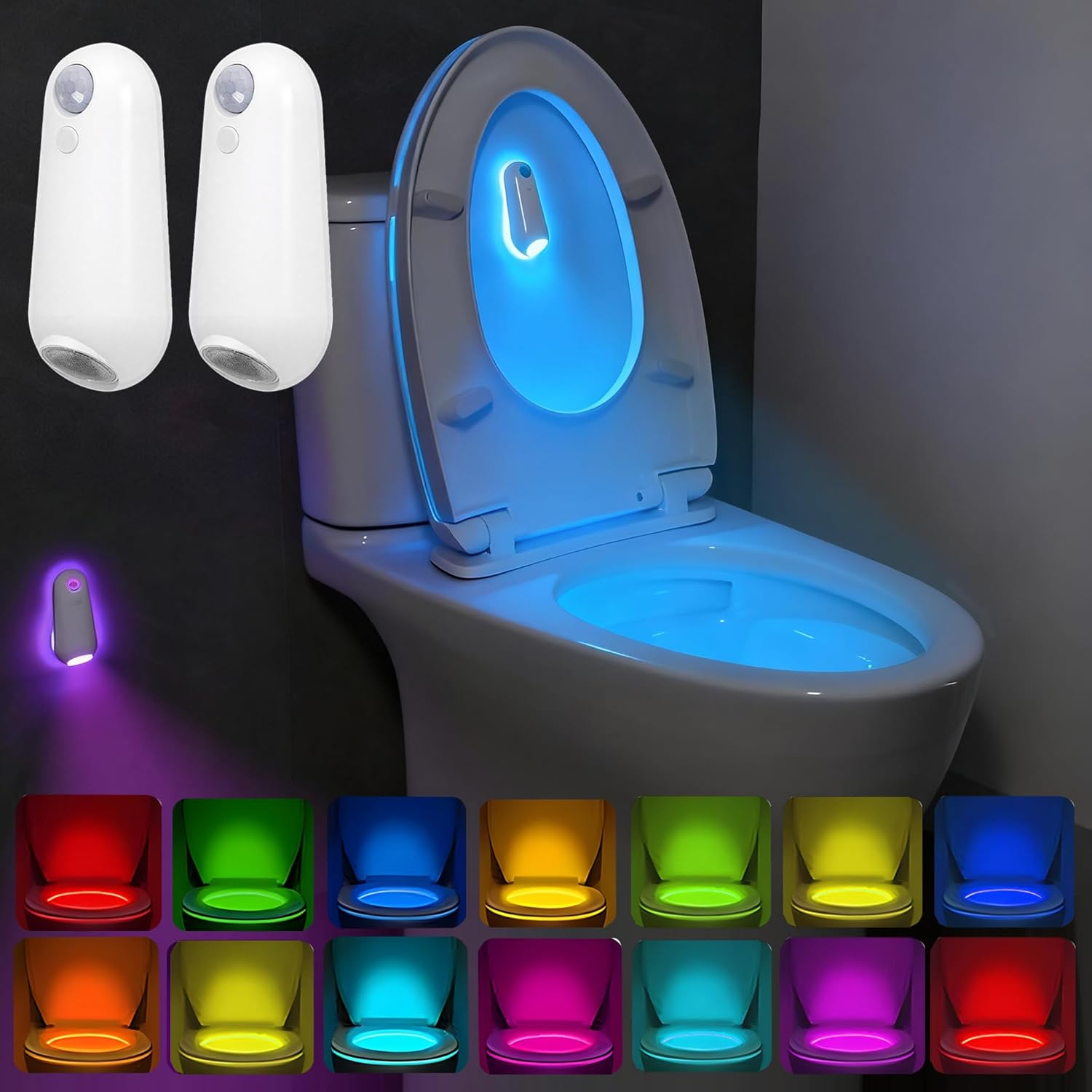 2 Pack Toilet Night Light Motion Sensor,8 Color Changing Rechargeable Toilet Bowl Light for Bathroom Accessories Decor,Splash-Proof Nightlight for Bathroom Hallway,Cool Gadgets Gifts for Women Men image number 6