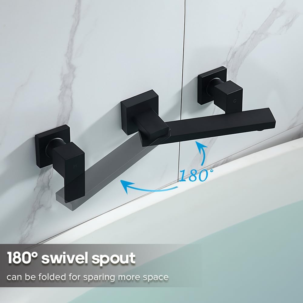 Decaura Bathroom Wall Sink Tap Set Basin Square Bath Swivel Spout Vanity Spa Bathtub Water Outlet with 1/4 Turn Twin Tap Faucet Brass (Matt Black) - Chrome image number 3
