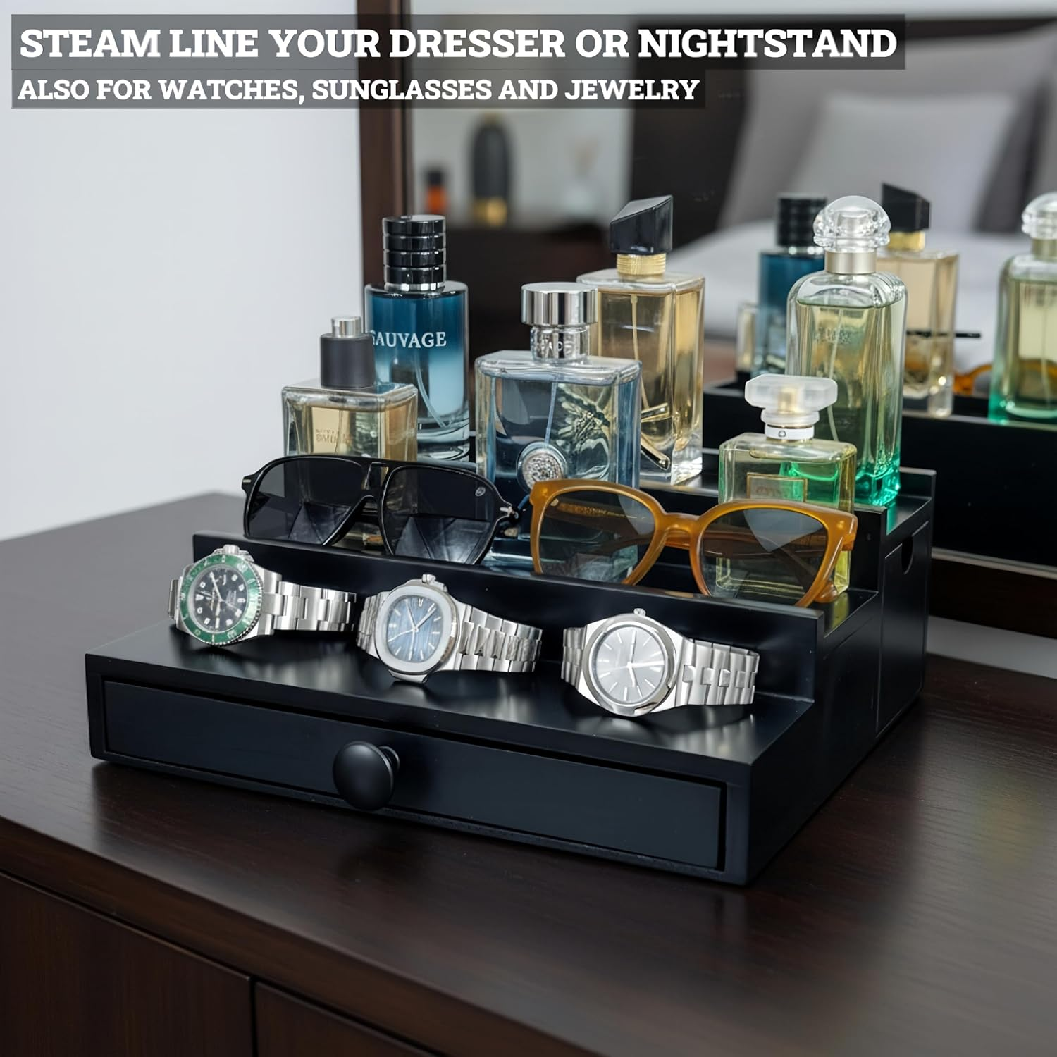 Classic Wooden Cologne Organizer for Men 3 Tier Black | High Grade Velvet Lining and Stylish Gift Box | Uncluttered Design Perfume Display Stand Gift Idea | SELUM image number 6