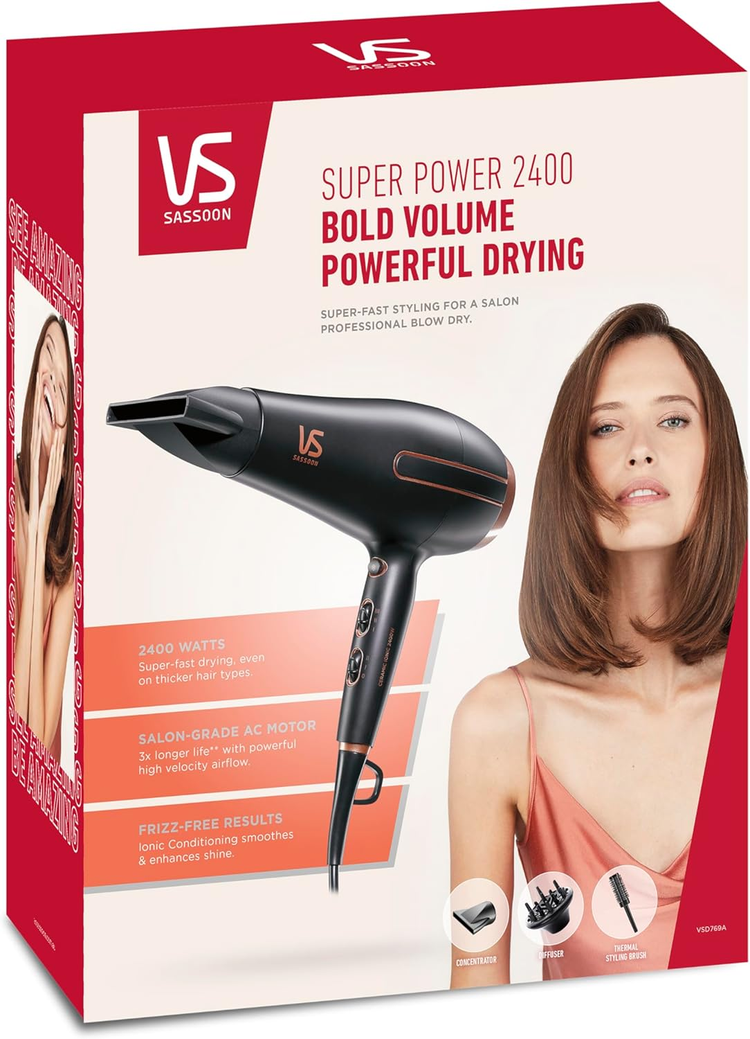 VS Sassoon Super Power 2400 Hair Dryer &ndash; 2400W AC Motor, Ionic Conditioning, Ceramic Technology, Fast Drying, Frizz Control, Styling Brush & Diffuser - Blue/Silver image number 2