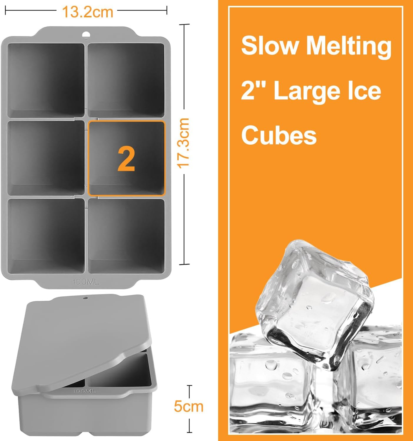 Large Ice Cube Tray with Lid - Stackable Silicone Square Ice Molds for Chilled Treats, No BPA, Ideal for Freezing Soups & Snacks (1, Grey, Square) image number 6