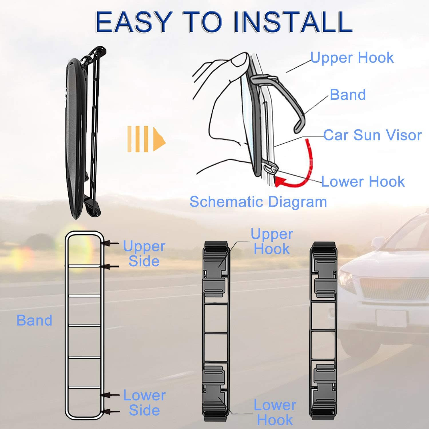 Car Visor Mirror - 6.7 Inch Auto Makeup Cosmetic Vanity Sun-Shading Mirror with Adjustable Double Elastic Clip Clamp Universal for Mount on Car Truck SUV Van Sun Visor image number 5