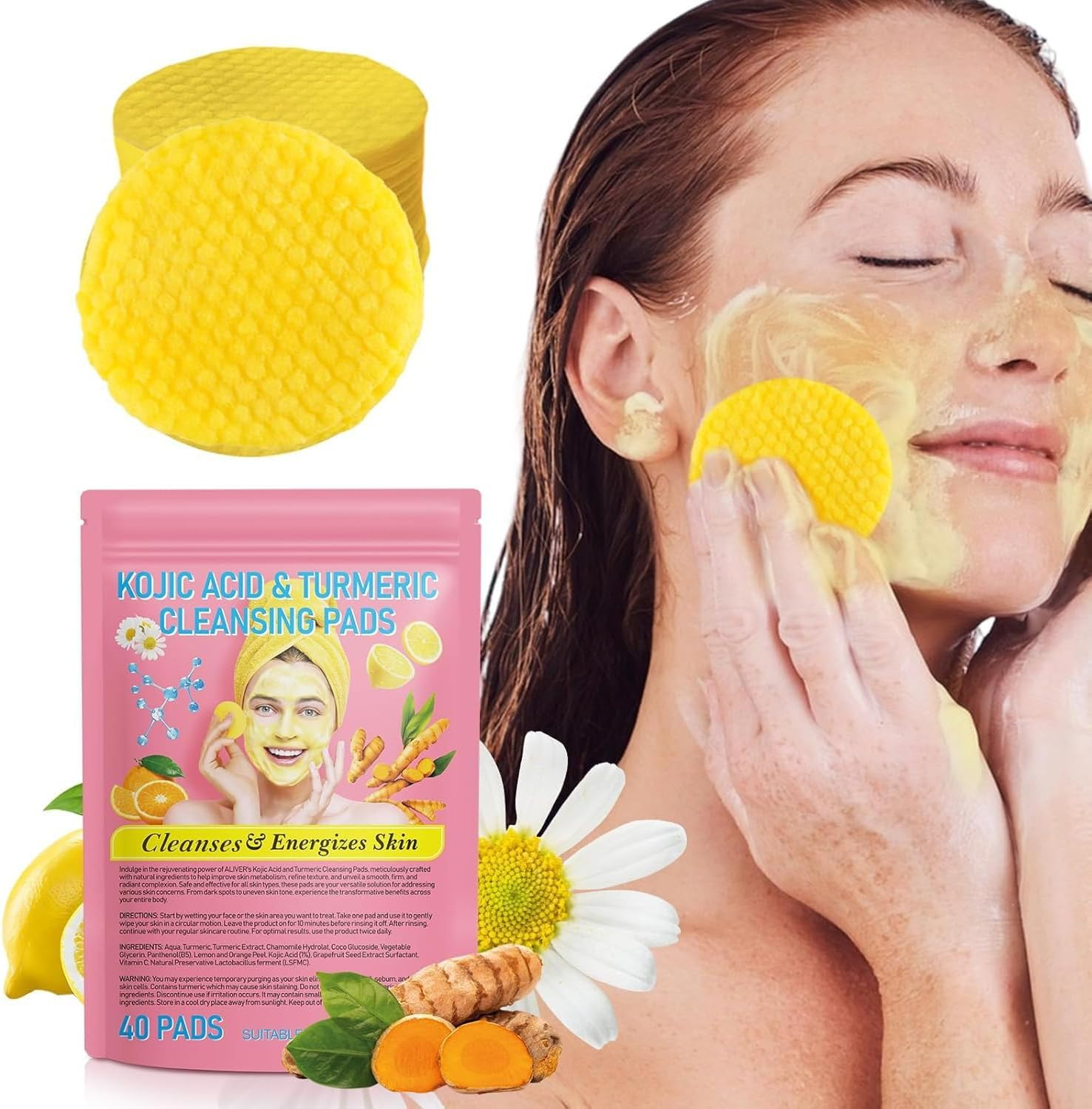 Turmeric Cleansing Pads - Kojic Acid and Turmeric Formula, Contains Vitamin B5, Vitamin C, Gentle Exfoliation, Balances Oil, Deep Facial Cleansing, 40 Pads/Pack
