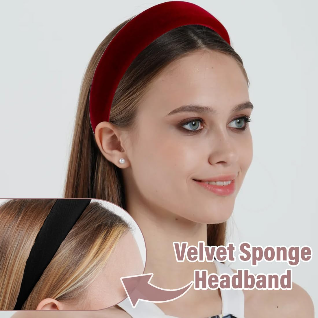 2 Pieces Women Velvet Fabric Padded Headbands Retro Vintage Solid Plain Headbands for Women and Girls (Black/Burgundy) image number 4