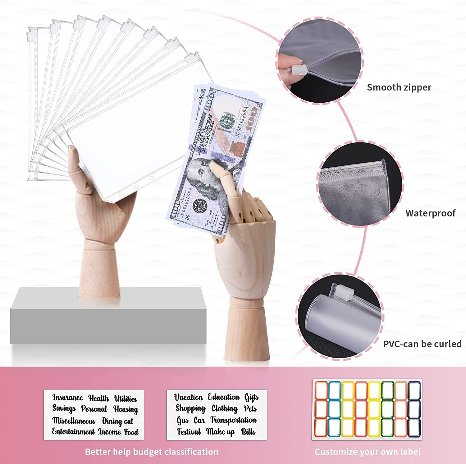 Budget Binder, Cash Envelopes for Budgeting, Money Organizer for Cash, 12Pcs Budget Binder with Cash Envelopes, Marble 6-Ring Money Saving Binder(Pink) image number 6