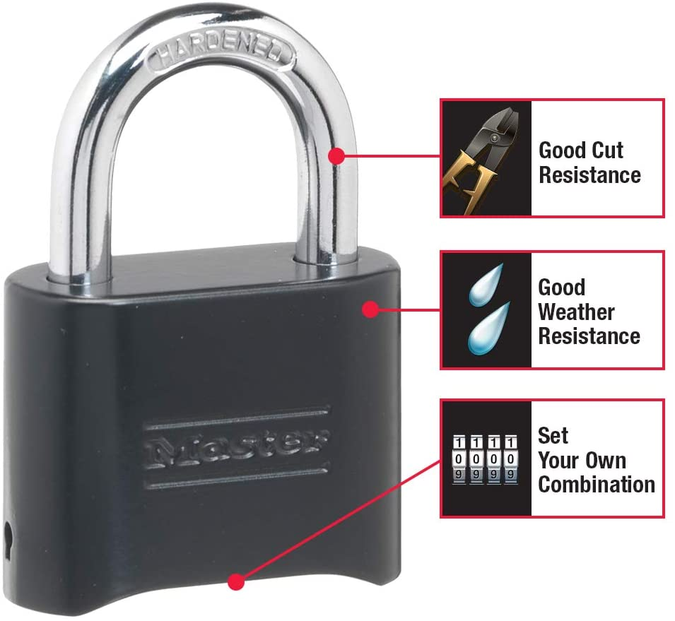 Master Lock Black Combination Lock, Customizable Combo Padlock, Indoor and Outdoor Weather Resistant Lock with Resettable Code for Gates, Lockers, 4 Pack, 178EC4 image number 1