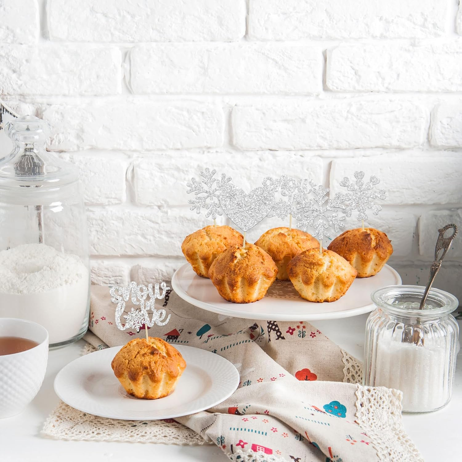 Gyufise 24Pcs Snowflake Cupcake Topper Silver Glitter Winter Heart Snow in Love Cake Toppers for Winter Wonderland Wedding Anniversary Decorations Bridal Shower Party Supplies image number 4