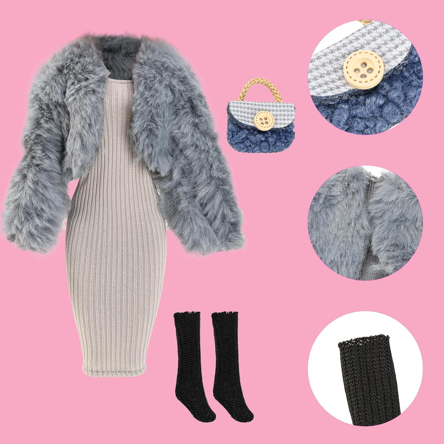 9 Doll Clothes Outfits 3 Fashion Plush Party Dresses Winter Clothes Coat Jacket 3 Handbag 3 Socks for 11.5 Inch Doll image number 2