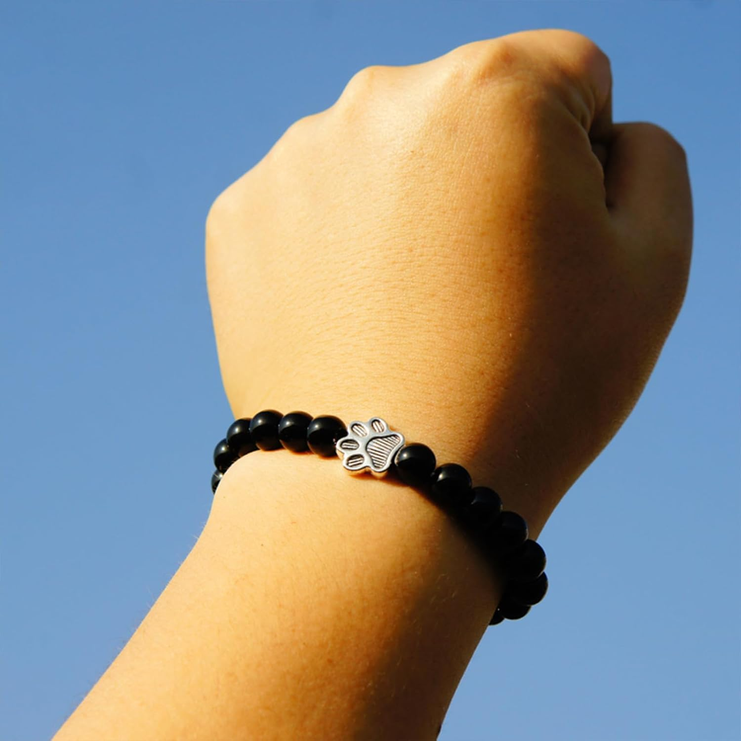 POYAMUSE Lovely Pet Paw Turquoise Beaded Strand Bracelet for Women Men Pet Memorial Jewelry, Cute Dog Cat Paw, Colorful Turquoise Beads - Black Matt image number 3