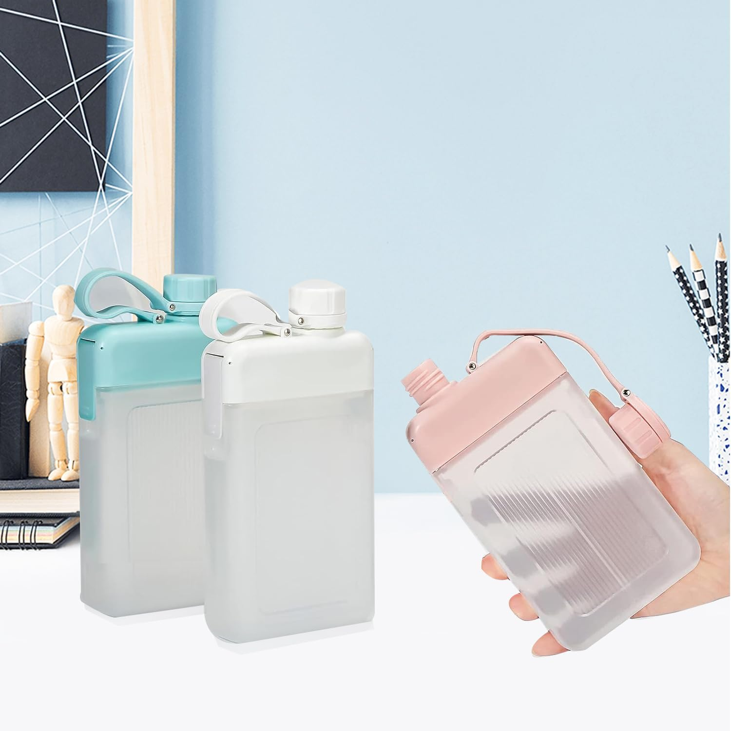 Hysagtek 3-Pack 15Oz Leak-Proof Flat Square Water Bottles - Stylish & Portable for Sports, Fitness, Camping, Hiking, Cycling (White, Pink, Green) image number 5