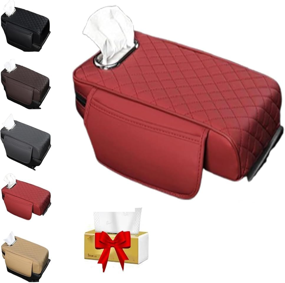 1 Pcs Memory Foam Car Armrest Cushion, Leather Car Armrest Box Pad, New Car Center Console Cushion, with Pocket and Tissue Box for Most Cars Black New Car Center Console Cushion