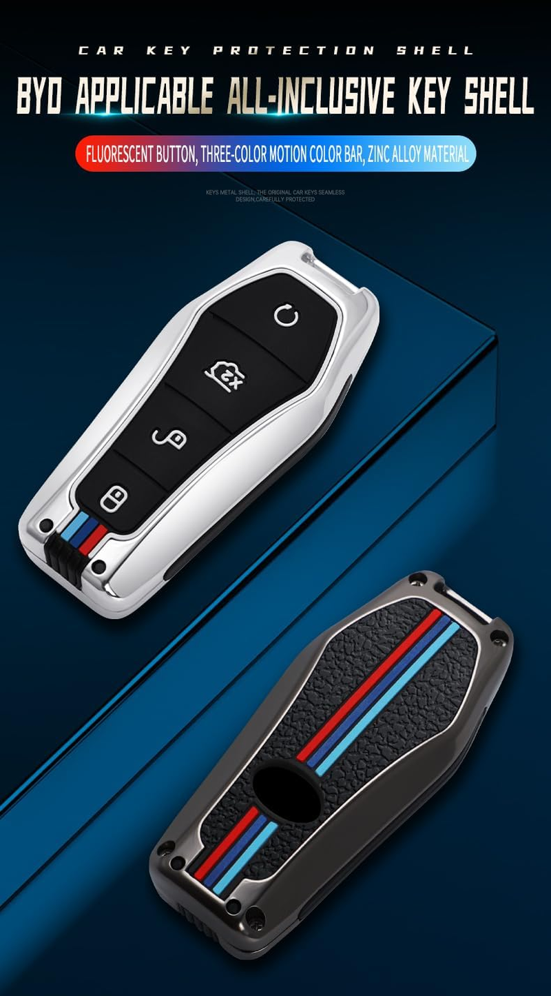 Zinc Alloy Key Fob Cover with Keychain Fit for BYD Han Ev Tang Dm 4 Button Car Key Case Cover Protector Key Cover image number 1