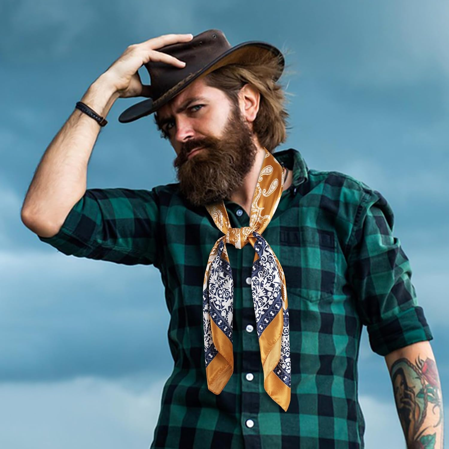 GERINLY 35 Inch Wild Rag Cowboy Scarves for Men, Large Rancher Neckerchief Silk Feel, Oversize Western Bandana - Blue image number 7