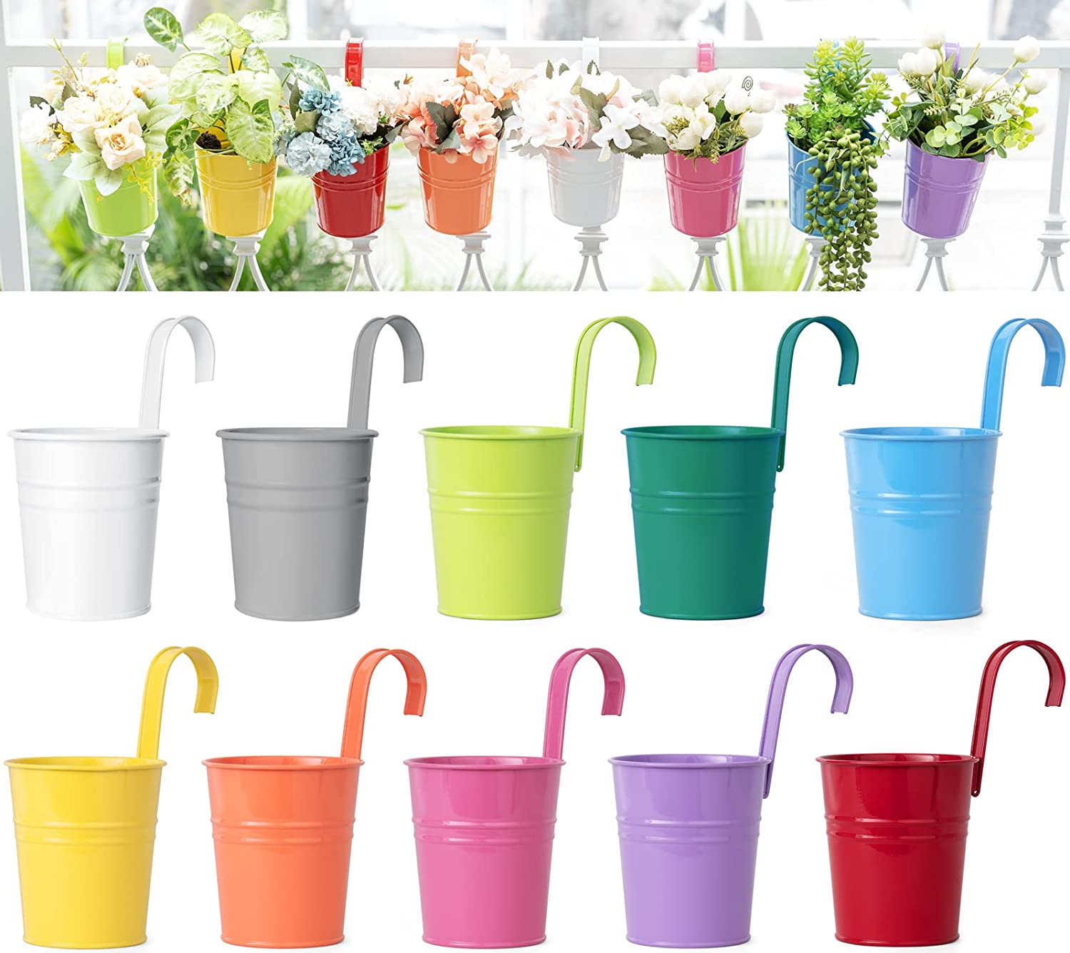 Dahey 10 Pcs Hanging Flower Pots Metal Iron Bucket Planter for Railing Fence Balcony Garden Home Decoration Flower Holders with Detachable Hooks, White, 5 Inches