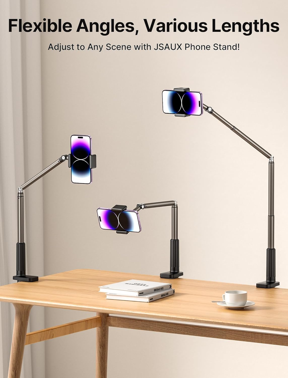 JSAUX Phone Holder for Desk and Bed Compatible with Iphone 14 13 12 11 Gooseneck Cell Phone Stand Gift Flexible Universal Phone Mount 360 Lazy Long Arm Clamp Clip for Table Bedside [1-Pack, Black] image number 1