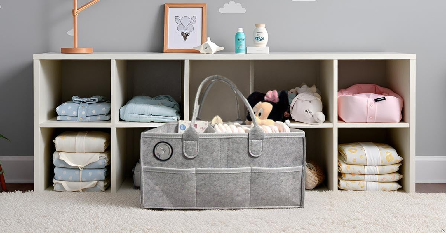 Large Baby Diaper Caddy Organizer Nappy Caddy Bag Portable Felt Nursery Essential Storage Basket for Baby Essentials, Spacious Car Travel Organizer with Multi Pockets Changing Table Organizer image number 2