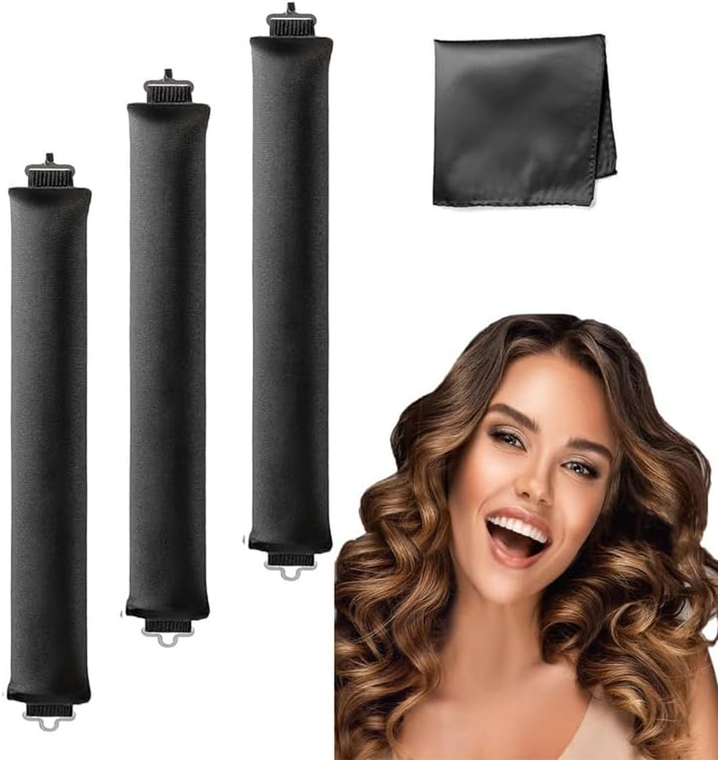 Heatless Overnight Hair Curling Set Heatless Curling Rod Hair Rollers for Long Hair and Short Hair Soft Satin Sleeping Lazy Curler Set with Headband Wrap for DIY Hair Styling Tools (Black, 3 Rod) image number 4