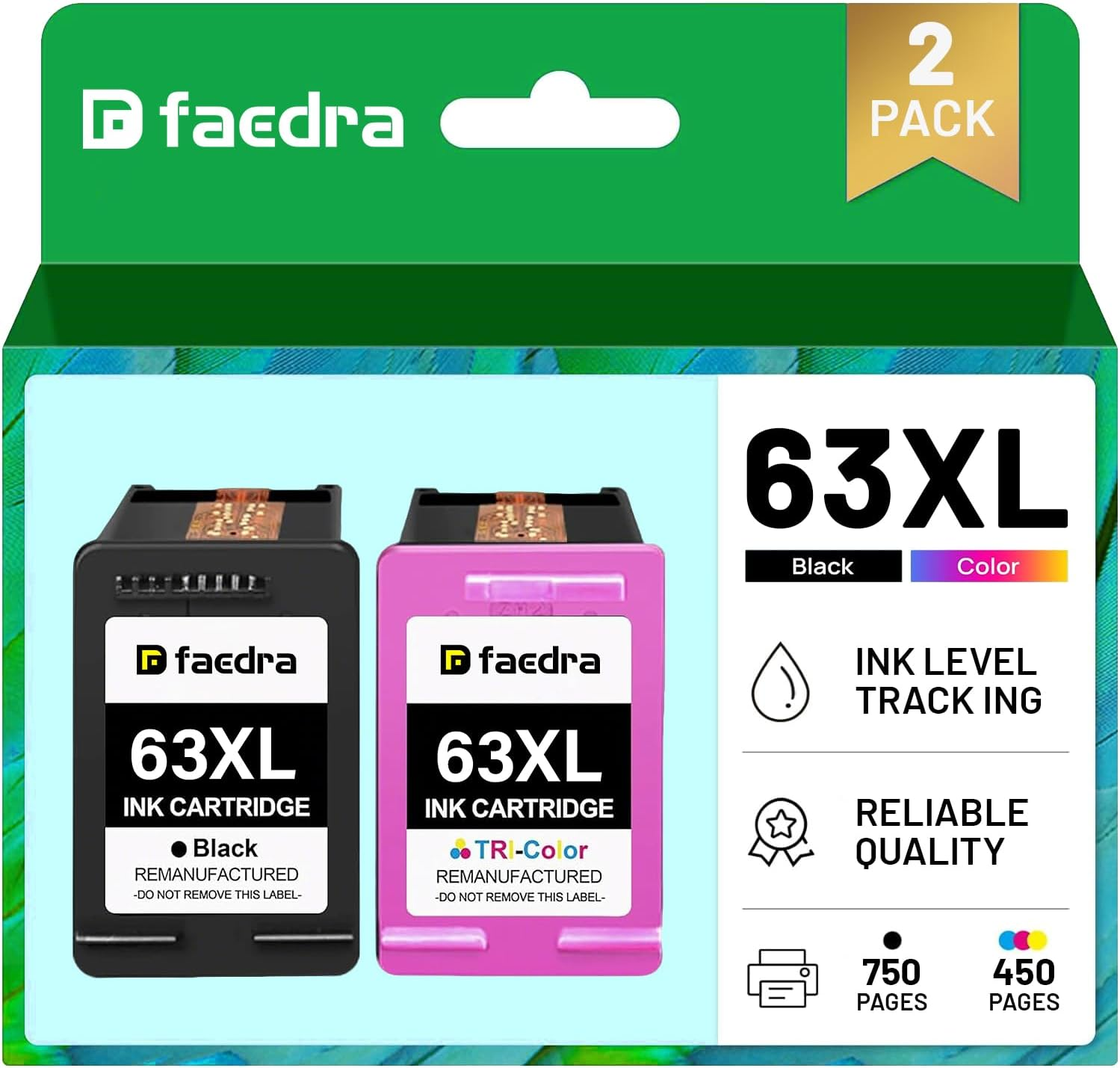 Faedra 63XL Ink Cartridges Remanufactured for HP 63 XL Combo Pack for HP Officejet 4600 5200 3830 3833 4650 Deskjet 2100 3600 1112 2130 Envy 4500 4520 4522 4516 Ink (1Black 1Color) image number 1