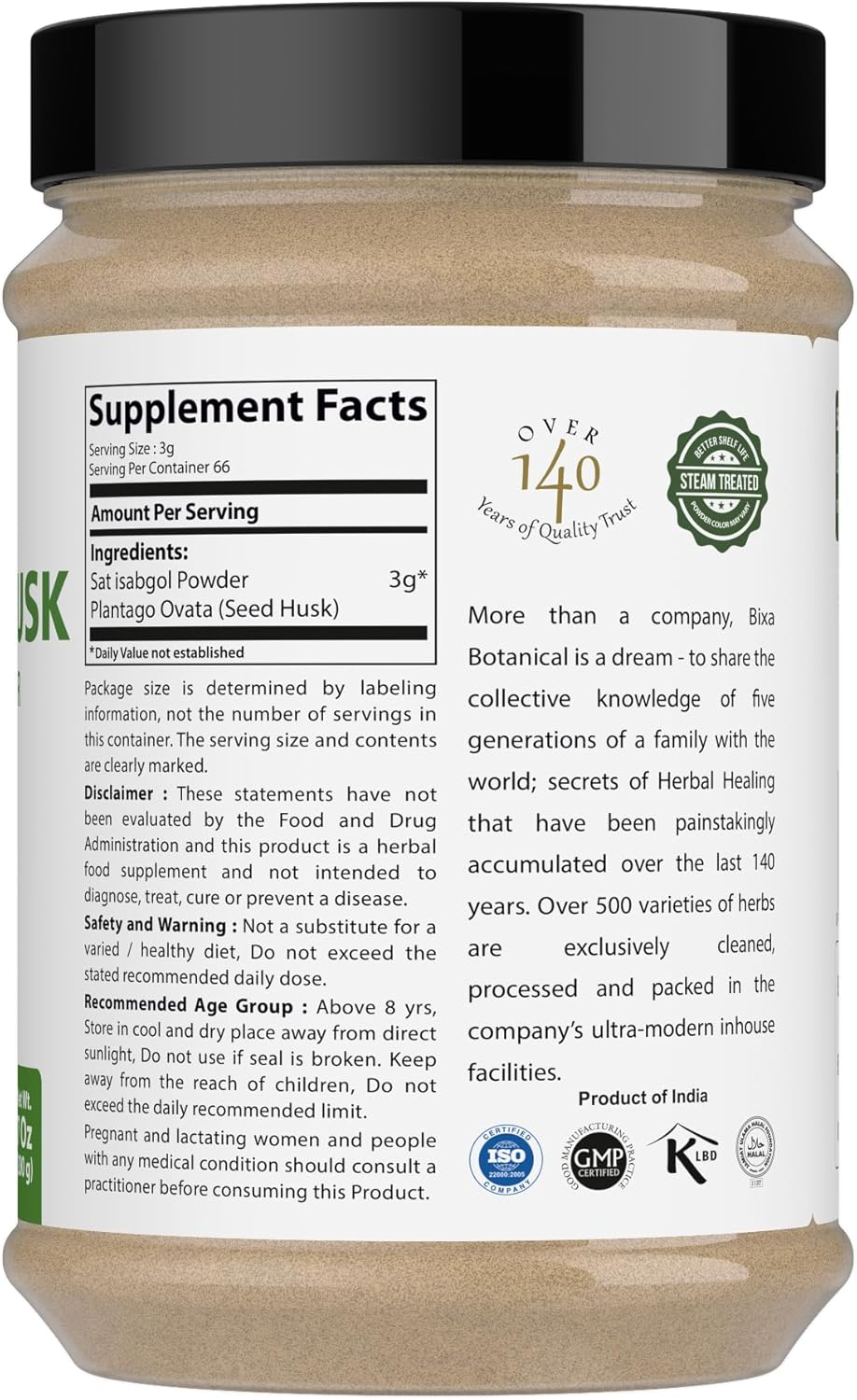 Bixa BOTANICAL Psyllium Husk Powder(Plantago Ovata) Daily Laxative Fibre, Natural Dietary Supplement, Maintains Gut(Intestinal) Motility & Eliminate Toxic Waste. Natural Safe Laxative with Fibres 200G image number 3