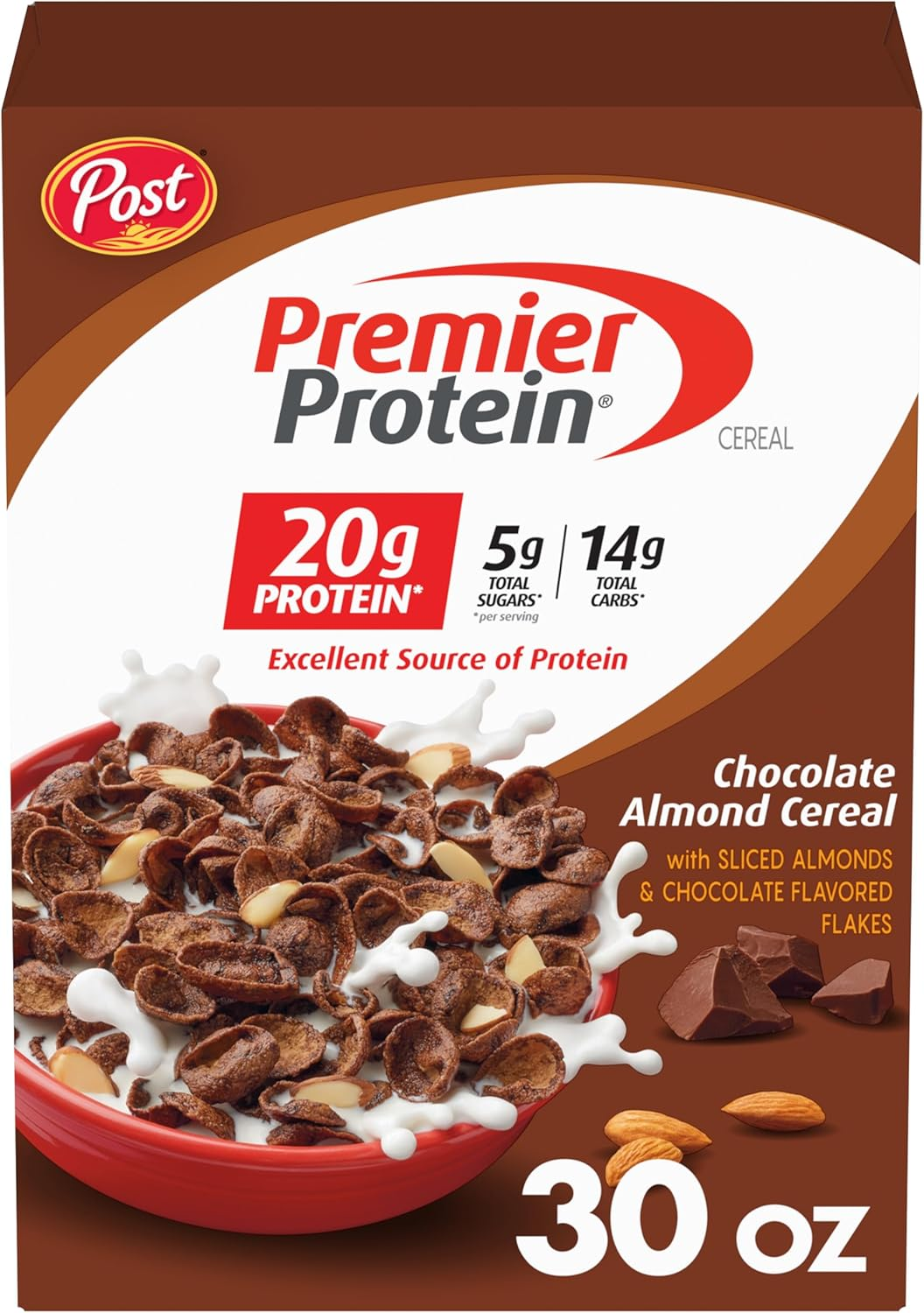 Post Premier Protein Chocolate Almond Cereal, Chocolatey Protein Cereal Flakes with Sliced Almonds, Contains 20G of Protein per Serving, 30 OZ Box image number 1