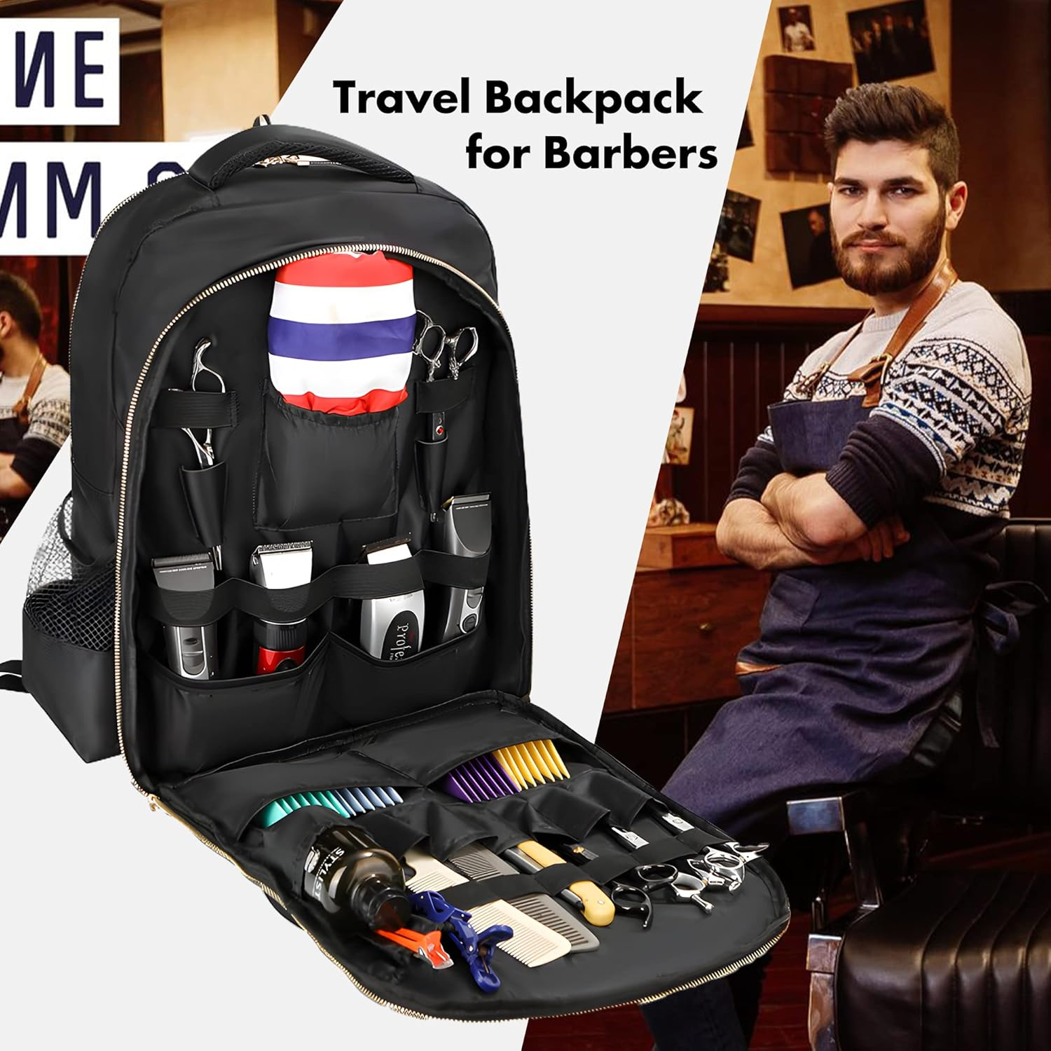 AIHOPESTO Barber Travel Backpack (Black, 17.7 X 12.6 X 7.5 Inches), Air Cushion Design, Waterproof, High Capacity for Clippers and Supplies, Black, 17.7" X 12.6"X 7.5", Backpack,Travel image number 2
