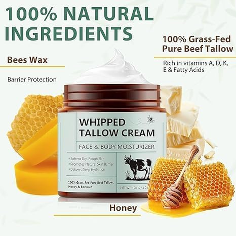 Sm-Whipped Tallow Cream for Face & Body - 100% Grass Fed Pure Tallow & Natural Honey & Beeswax Balm - Deep Hydration & Nourishment & Skin Moisturizer - Oil Free & Unscented, Fast Absorption - 120G / 4.2Oz image number 6