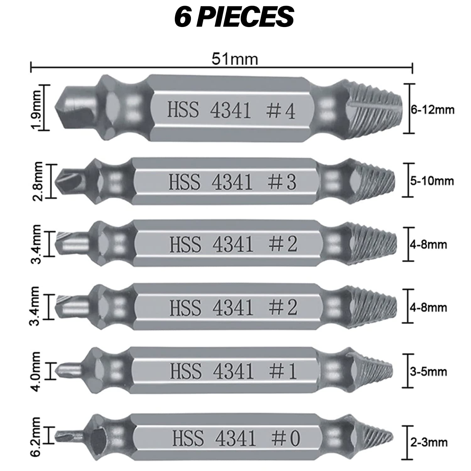 Yotsuba 6Pcs Damaged Screw Extractor Kit, Broken Bolt Remover Set, Removes Stripped Screws in 10 Sec, H.S.S 4341 Steel, 6 Count image number 4