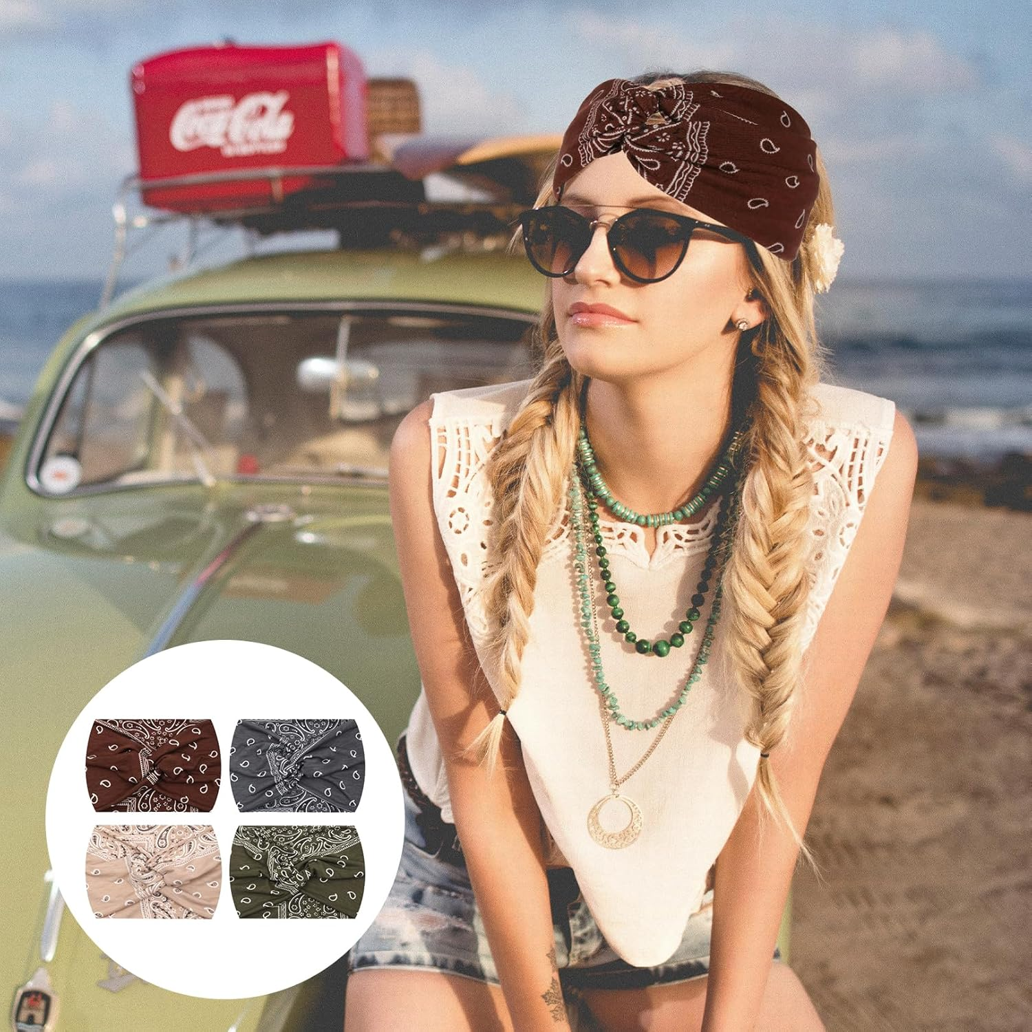 Pack of 4 Women'S Summer Boho Clothing Women'S Headbands, Headscarf, Elastic, Hair Bands, Hair Scarf Women for Tying Colourful, Make-Up Headband Girls, Hair Accessories Women, Headband Sport image number 1