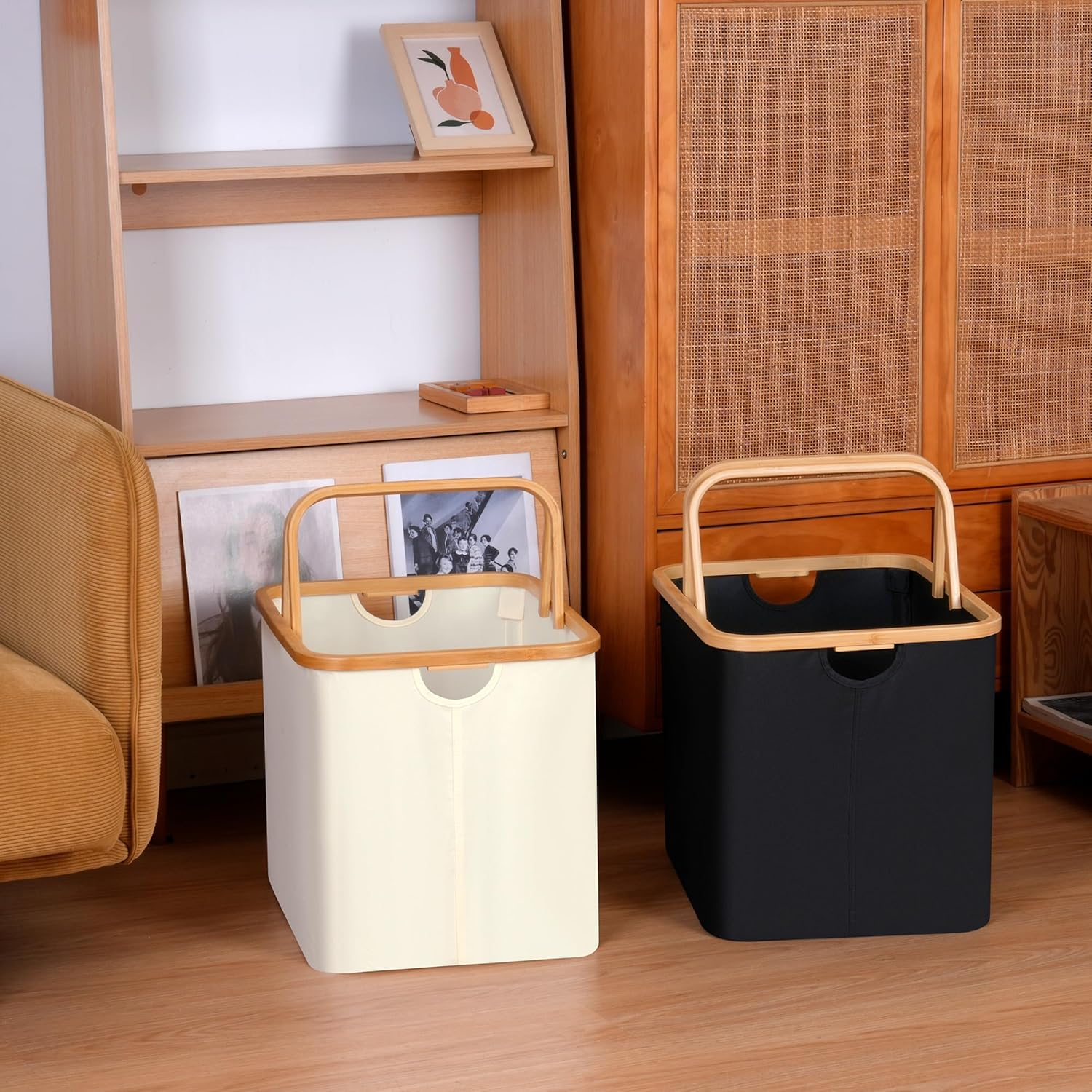 Iegrow 2-Pack Laundry Hamper with Bamboo Handle,60L Laundry Basket,Collapsible Laundry Baskets,Dirty Clothes Hamper for College Dorm, Family,Black image number 2