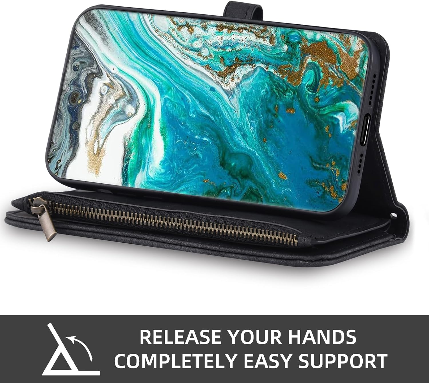 Asuwish Mobile Phone Case for Gigaset GS5 Case with Strap Film Protective Film Card Slot Foldable Leather Wallet Stand GS 5 Mobile Phone Cases Protective Zip Mobile Phone Cases Protective Glass Phone - Black image number 5