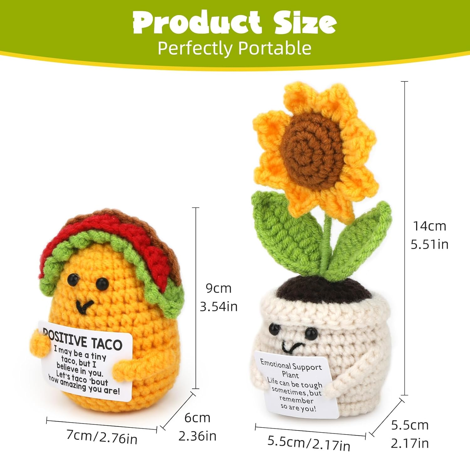 Fayrvind 2 Pcs Emotional Support Positive Crochet Sunflower and Taco Desk Decor Cute Stuff Crochet Flowers Birthday Gifts for Women Thank You Gift - Yellow Chicken  Green Frog image number 5