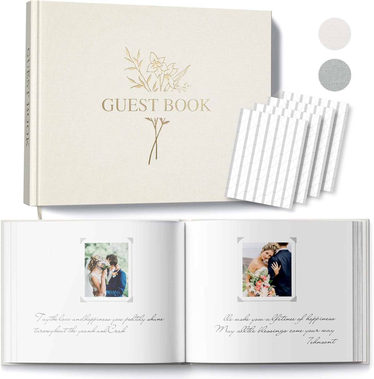 Wedding Guest Book for Memorial Service with 216 Photo Corners Stickers, Linen Guestbook to Sign at Bridal Shower or Wedding Reception Party,100 Pages, Blank Thick Paper Books for Baby Shower- Sage