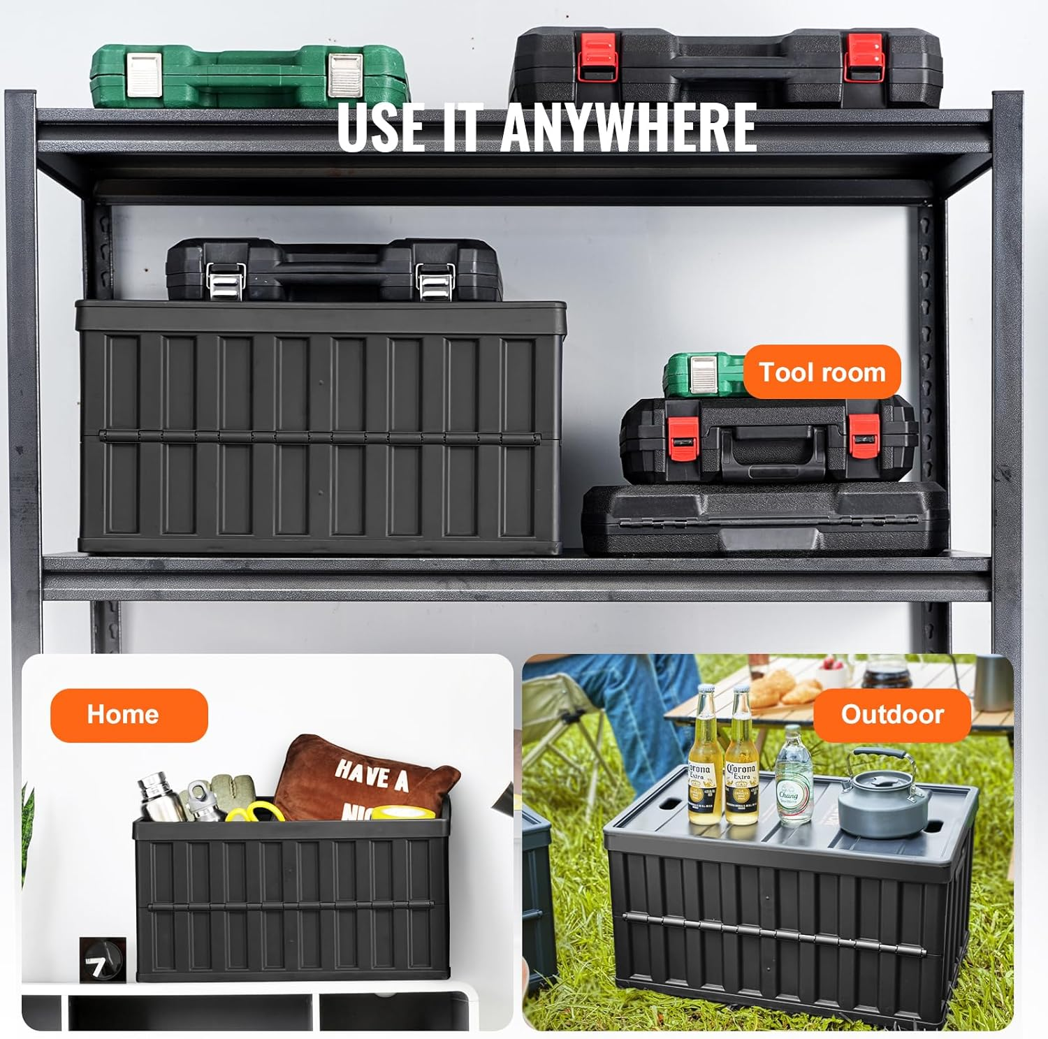 VEVOR 65L Collapsible Storage Bins with Lids 3 Packs, Stackable Utility Crates with Handles, Large Folding Containers for Organizing Tools, Books, Food, Drinks, Camping&Transport image number 3