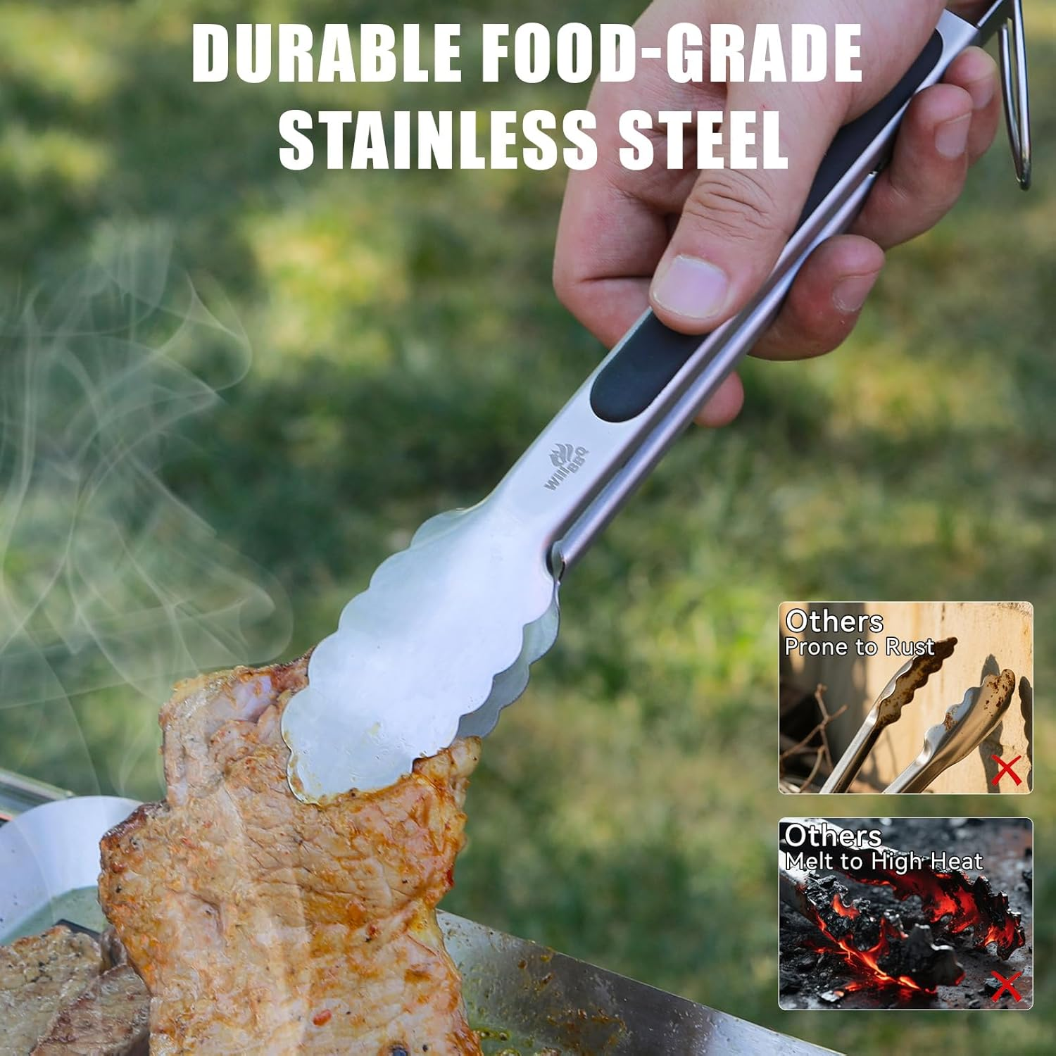 Willbbq Stainless Steel BBQ Tongs Set of 2 &ndash; 9" & 12", Heavy Duty Cooking Tongs with Locking Ring & Non-Slip Grip, Ideal for Grilling, BBQ, Kitchen & Serving image number 6