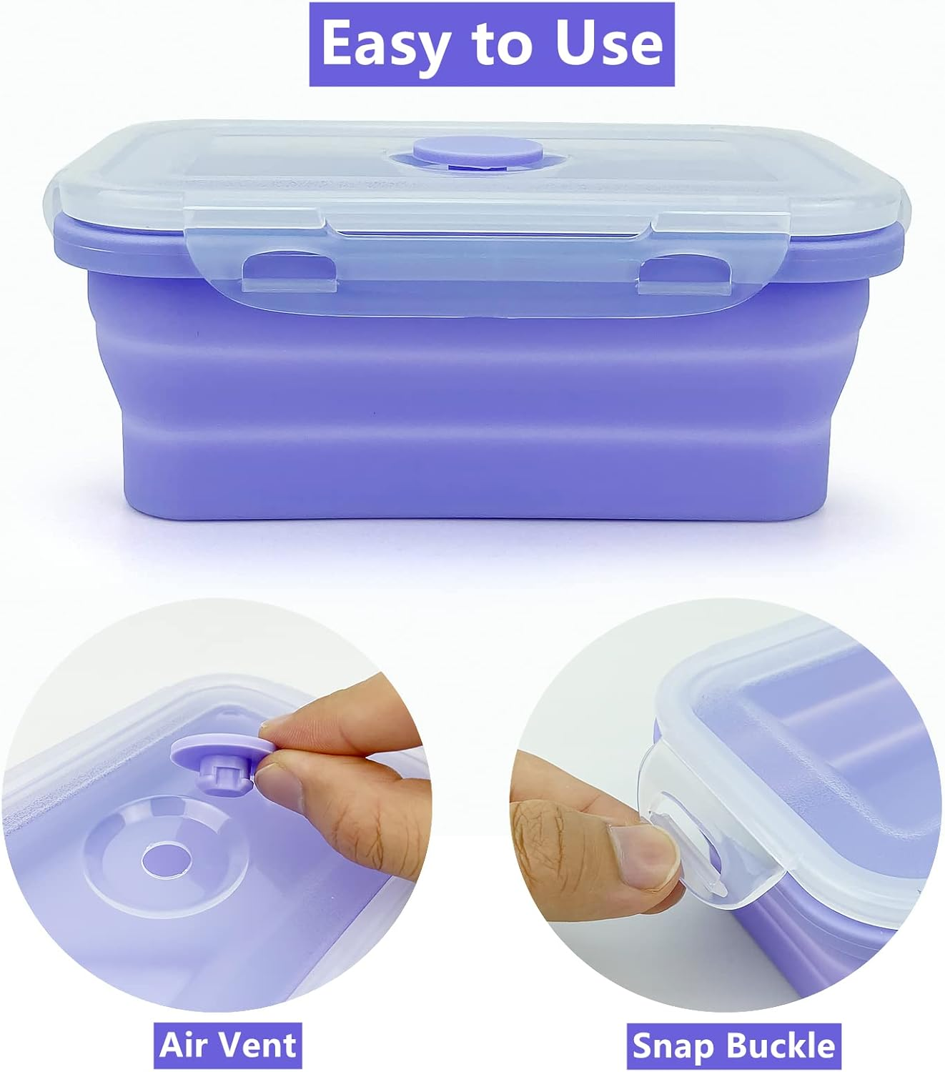 Lunbengo Purple Collapsible Meal Prep Containers Camping Bowls Silicone Bento Box with Airtight Plastic Lid, Microwave Safe, Portable Lunch Container, for Food Storage, Travel and Hiking, 3Pack image number 5