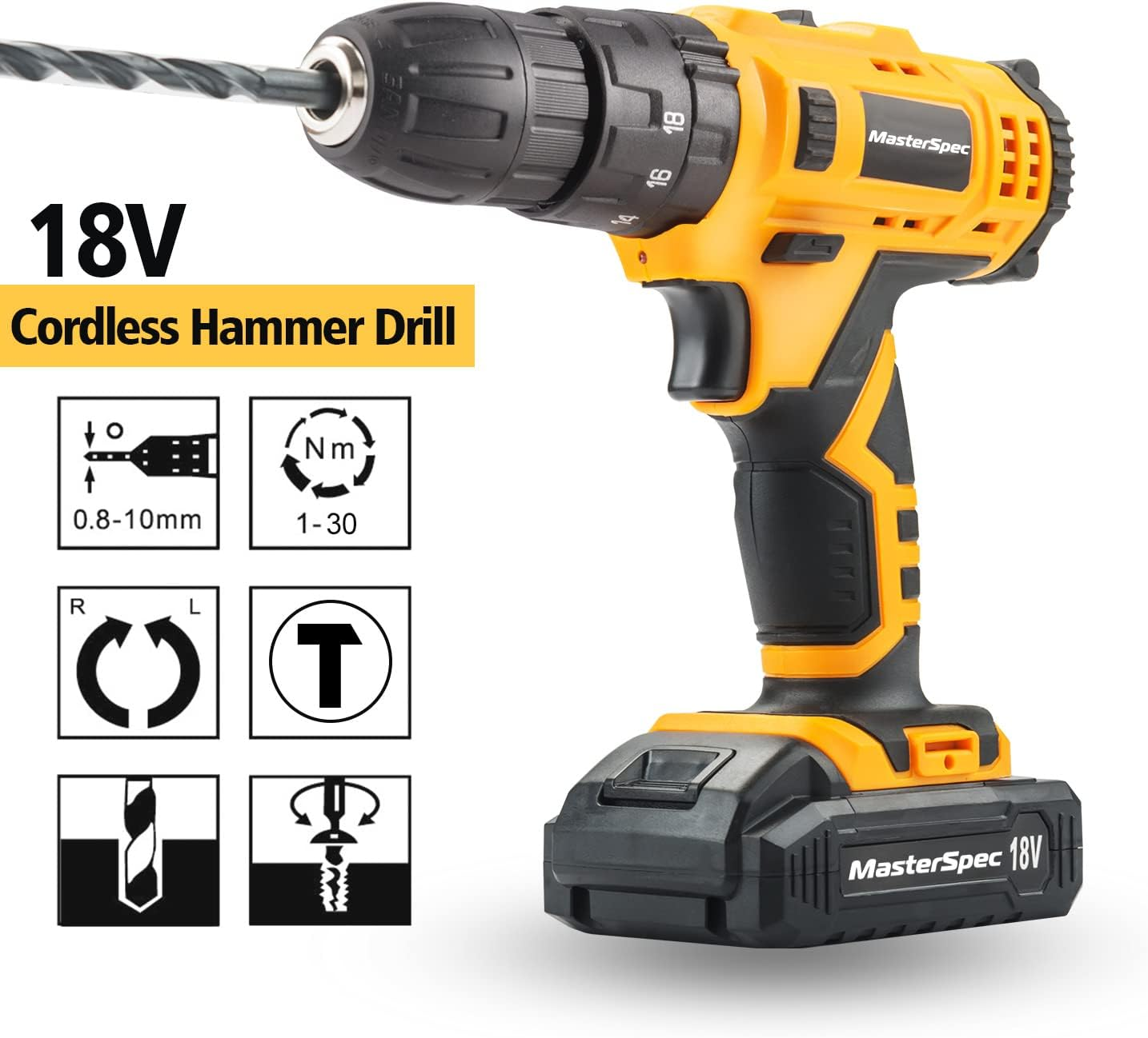 Masterspec 92 PCS Power Tool Kit 18V Cordless Hammer Drill Screw Flap Bits Sockets Set Multifunctional 18+1 Torque Variable Speed Electric Power Drill with Carrying Case image number 3