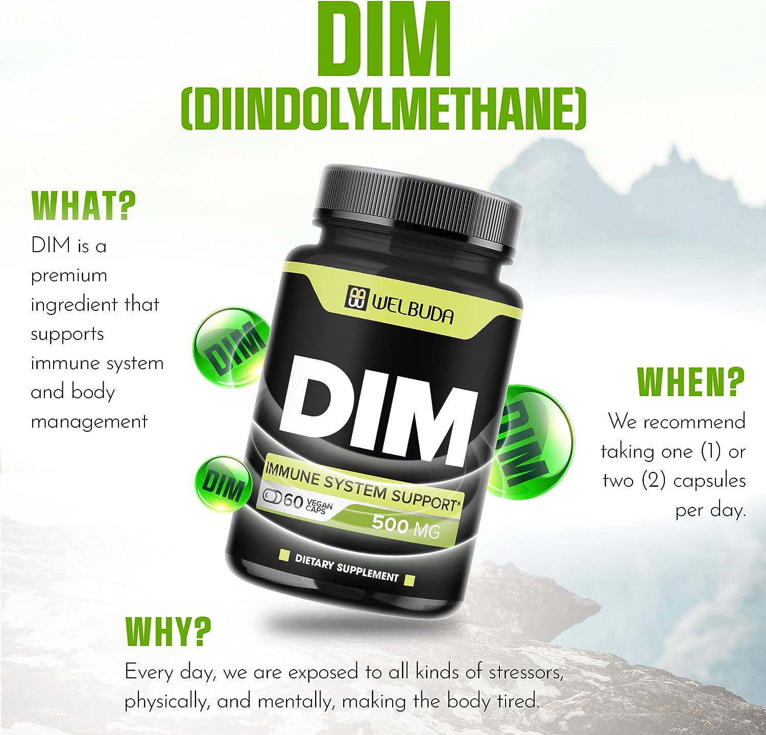 DIM Supplement 500Mg for Vital Body Support, Promoting Skin Health and Energy Production - 2 Month Supply with 60 High Absorption Capsules image number 2