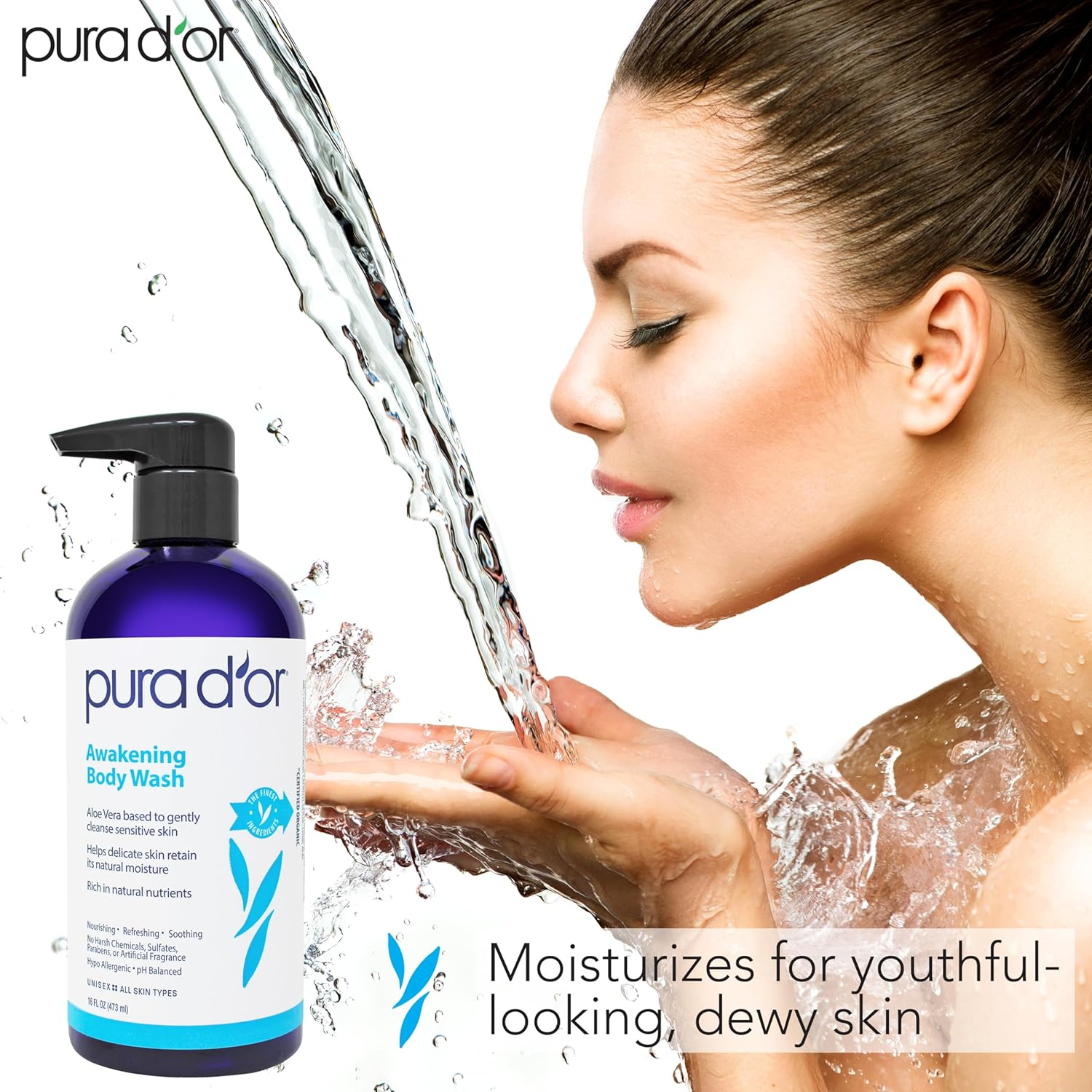 PURA D'OR Awakening Body Wash (16Oz) with Aloe Vera, Chamomile, Lavender, Tea Tree and Natural Nutrients - Ph Balanced for Moisturized Soft, Fresh-Feeling Skin, All Skin Types, Men & Women image number 1