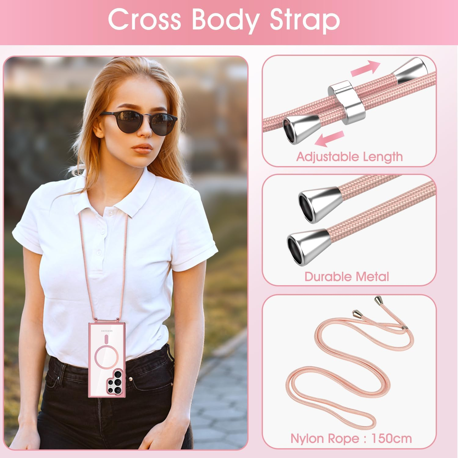 Noyabox Mobile Phone Chain for Samsung Galaxy S25 Ultra Case with Strap, Magnetic Mobile Phone Case for Samsung Galaxy S25 Ultra Necklace Cord Protective Case with Cord for Hanging Case, Pink image number 4