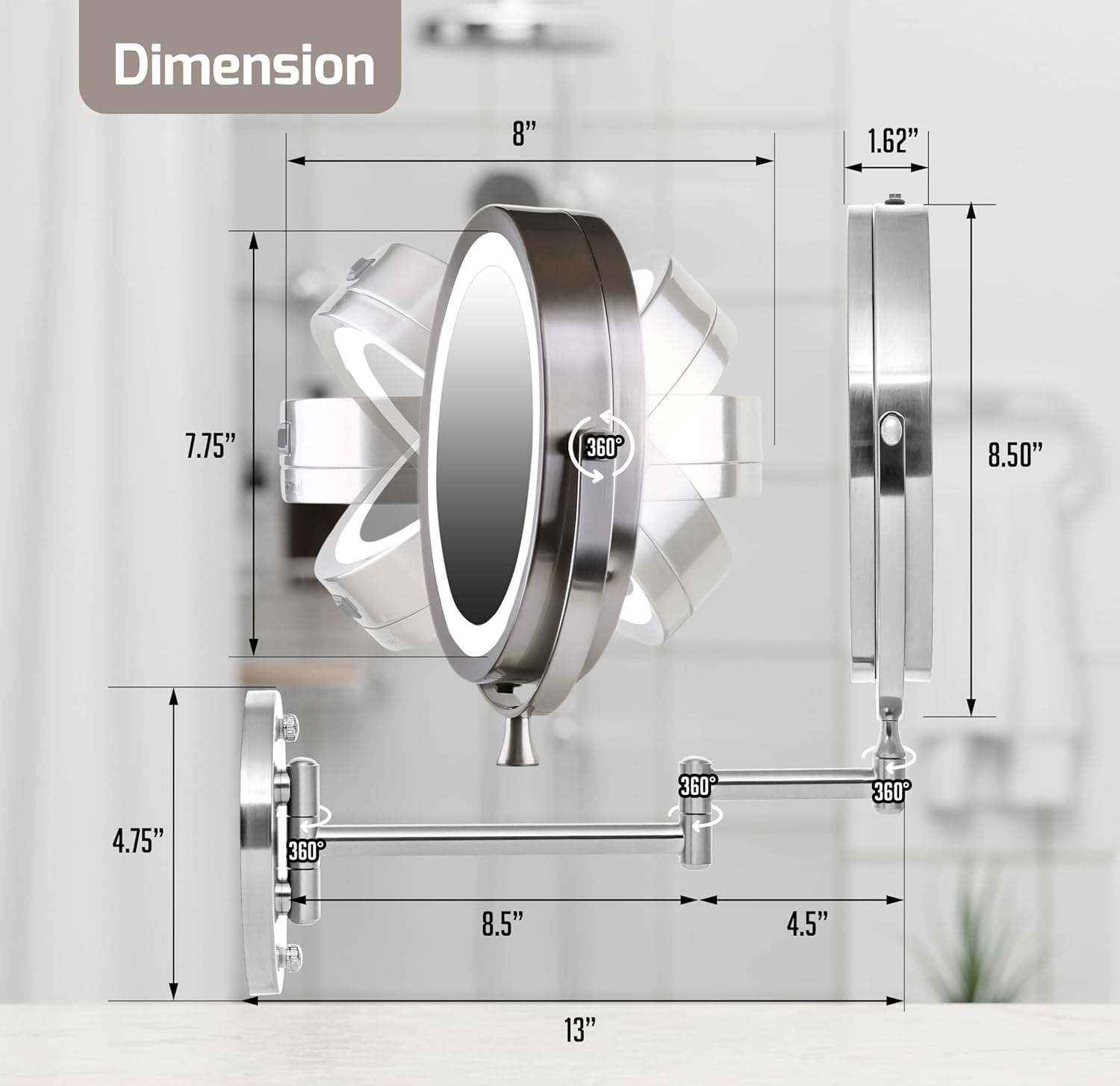 Ovente Wall Mount Make up Mirror, LED Lighted, 1X/10X Magnification, 7.0 Inch, Nickel Brushed (MFW70BR) image number 7