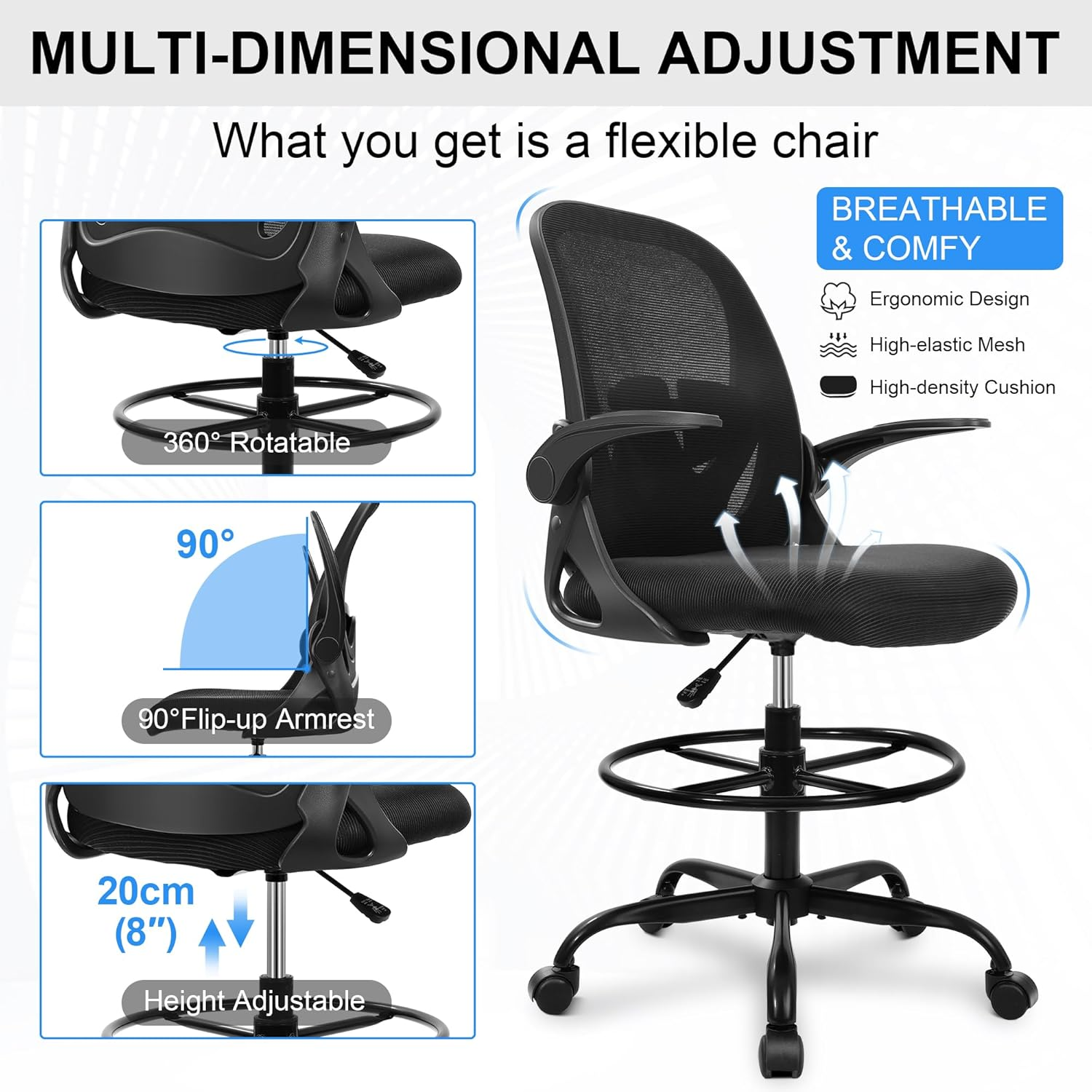 Primy Drafting Chair Tall Office Chair with Flip-Up Armrests Executive Ergonomic Computer Standing Desk Chair with Lumbar Support and Adjustable Footrest Ring (Black) image number 2