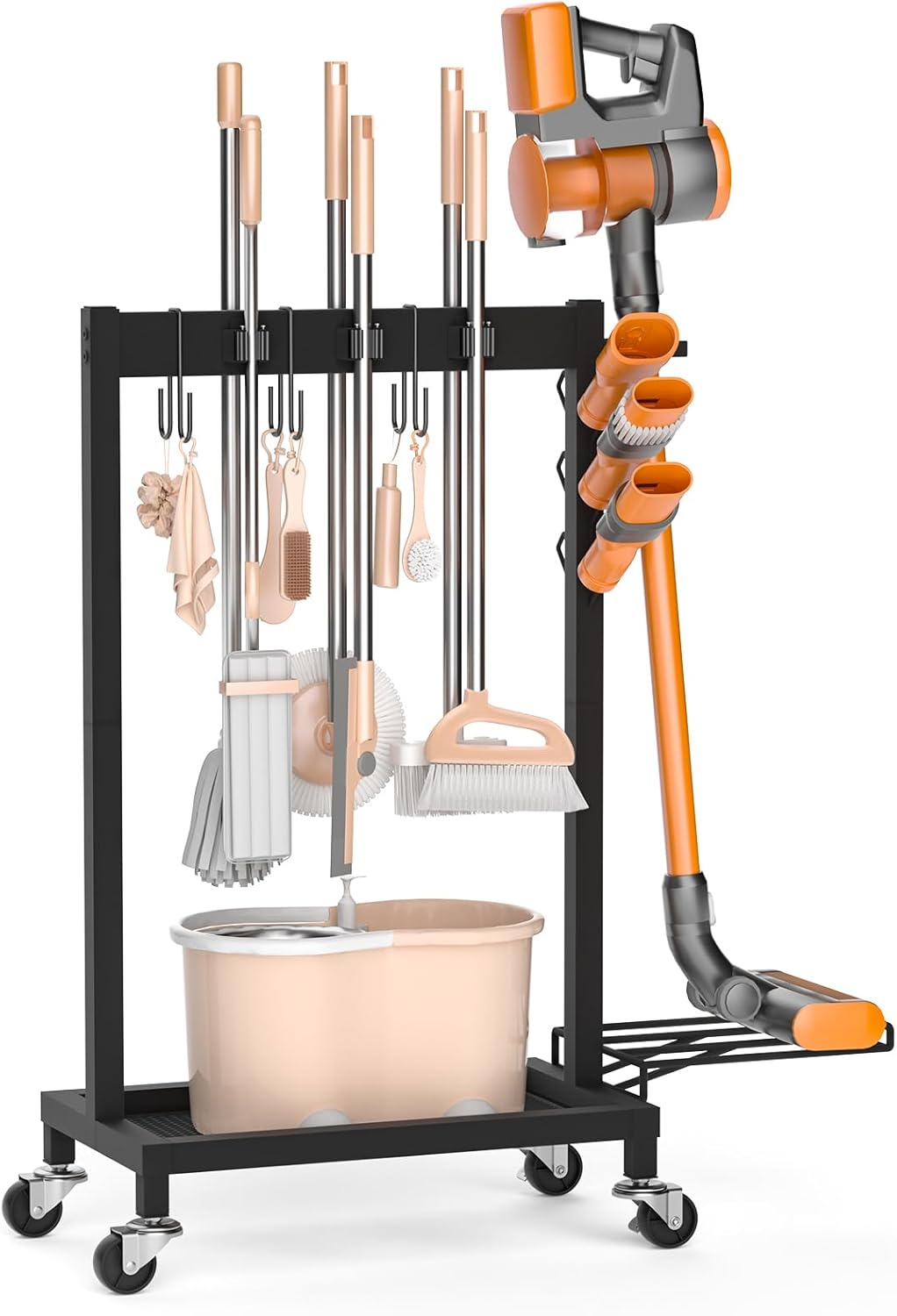 Broom Holder with Cleaning Supplies Organizer Load 160 LBS Cleaning Cart with Wheels Broom Closet Storage with 6 Mop Hanger Grippers, 3 Double-Hooks, Vacuum Stand for Laundry Garage Organization image number 5