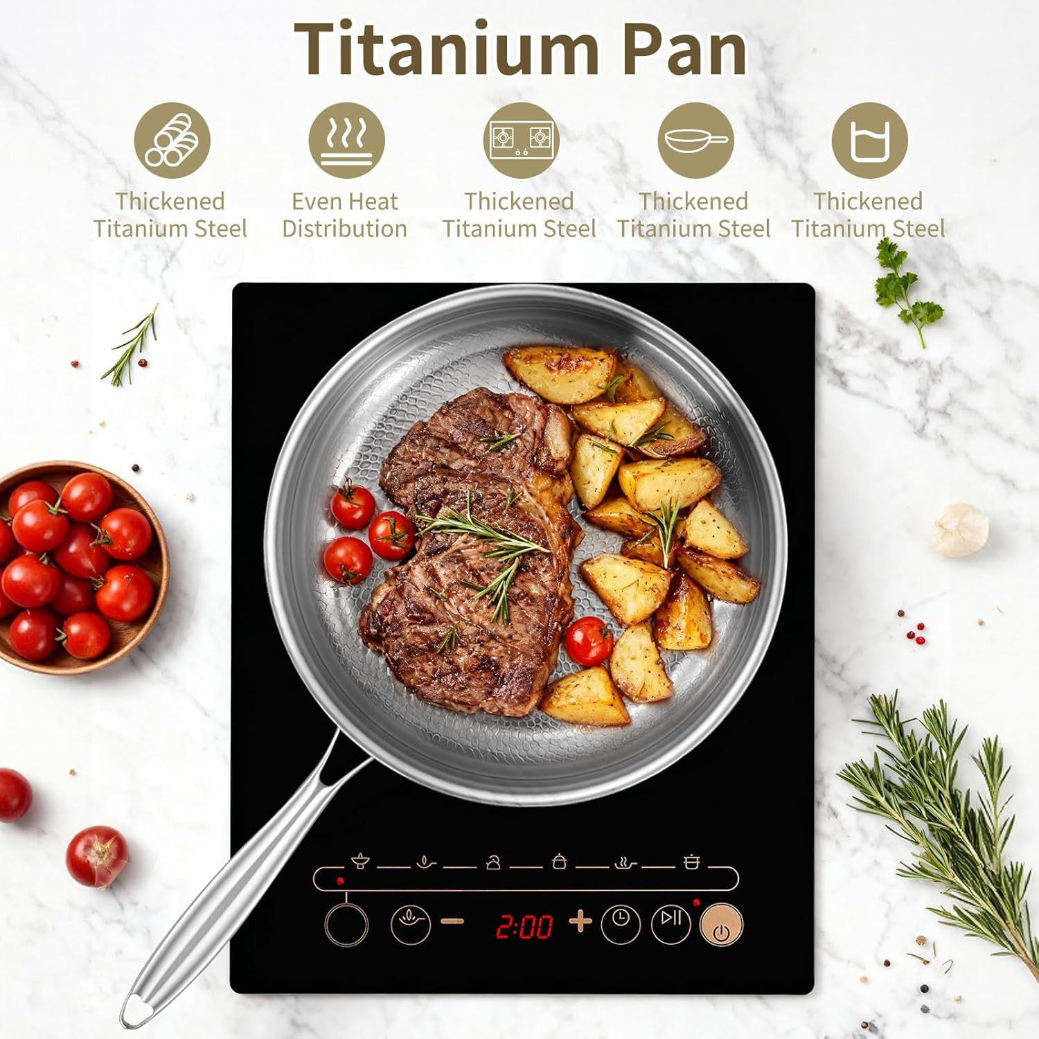 Titanium Hammered Pan Pro for Cooking, Titanium Panwith Lid, Stainless Steel Cookware Non Stick, Even Heating for Cooking (26Cm) image number 6