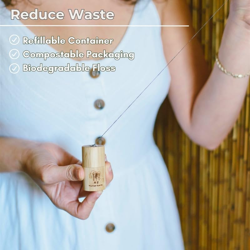 VEGAN Biodegradable Bamboo Charcoal Dental Floss with Refillable Bamboo Container | Free Refill | Natural Candelilla Wax | 55Yds X2 | Peppermint Essential Oil | Eco Friendly | Zero Waste Oral Care image number 5