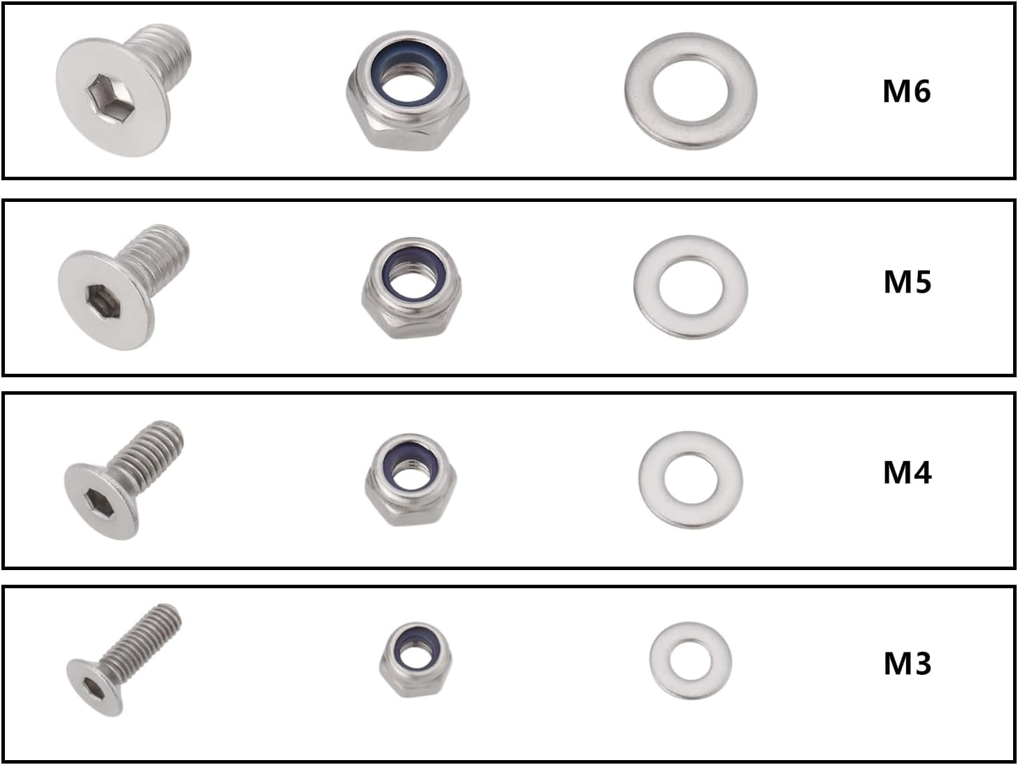 SG Store 16Pcs Countersunk Bolt and Nut Kit M3/M4/M5/M6X10Mm for Wood Drywall and Furniture Home DIY Repair Bolt+Nut+Flat Washer Silver image number 4