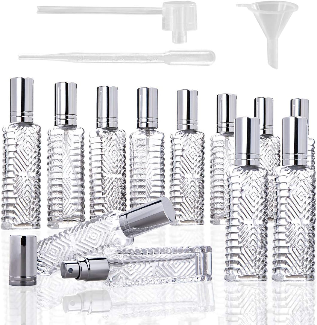 HDCRYSTALGIFTS Pack of 12 Clear Glass Atomizer Spray Bottles 10Ml Empty Refillable for Perfume Essential Oil Packed with Funnels Pipette Dispenser image number 4
